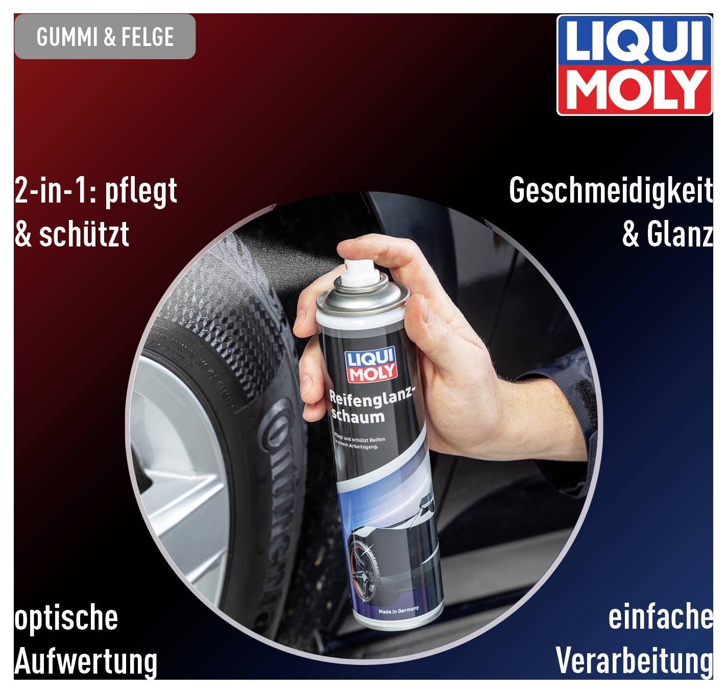 Hand hält eine Sprühdose LIQUI MOLY Reifenglanzschaum, bildet einen Schaum auf einem Autoreifen. Text: 2-in-1: pflegt & schützt.