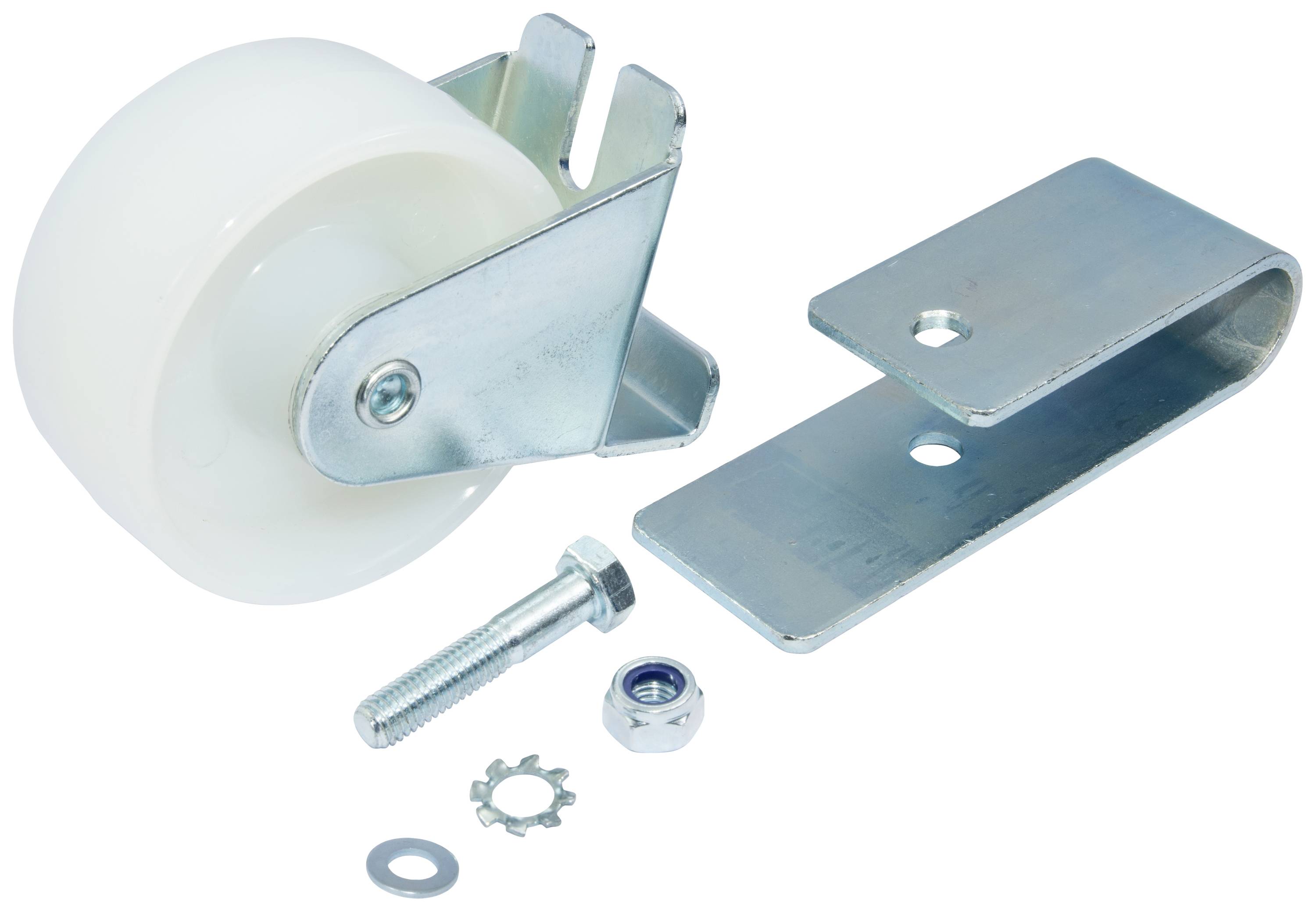 Einzelne weiße Laufrolle mit Metallhalterung, Schraube, Mutter und Unterlegscheiben in verschiedenen Größen auf weißem Hintergrund.