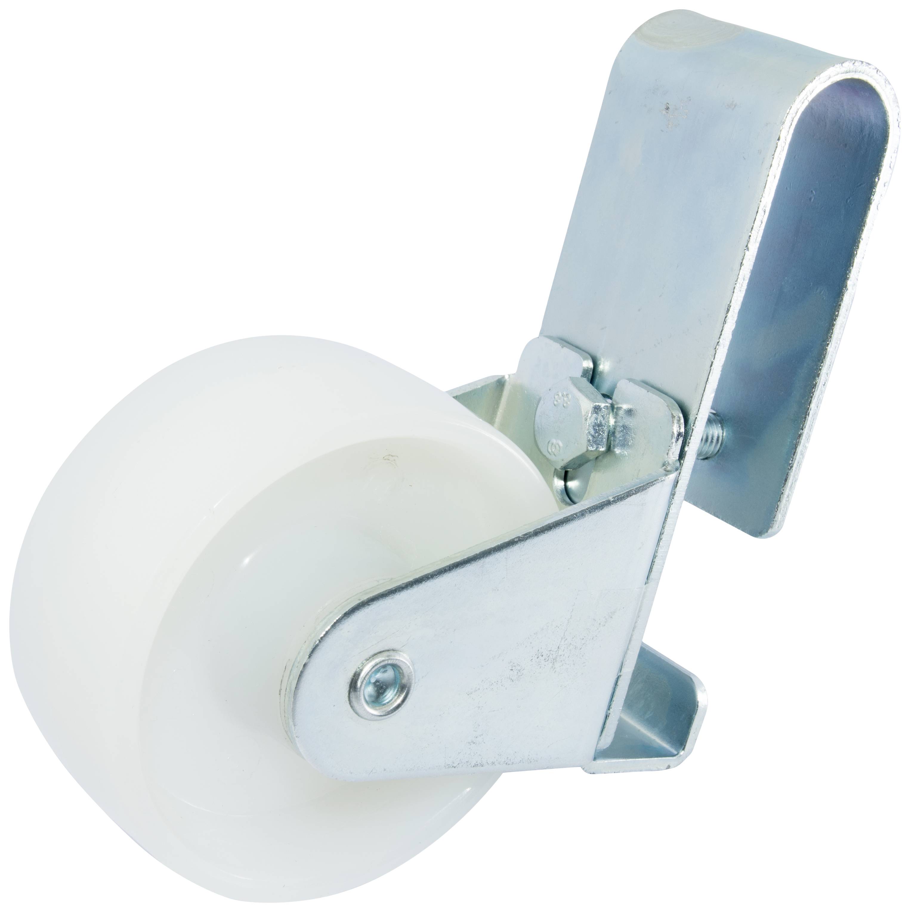 Ein weißes Rad mit Metallhalterung, seitlich dargestellt, zeigt eine Rolle für Möbel oder Ausrüstung mit Bewegungsfunktion.