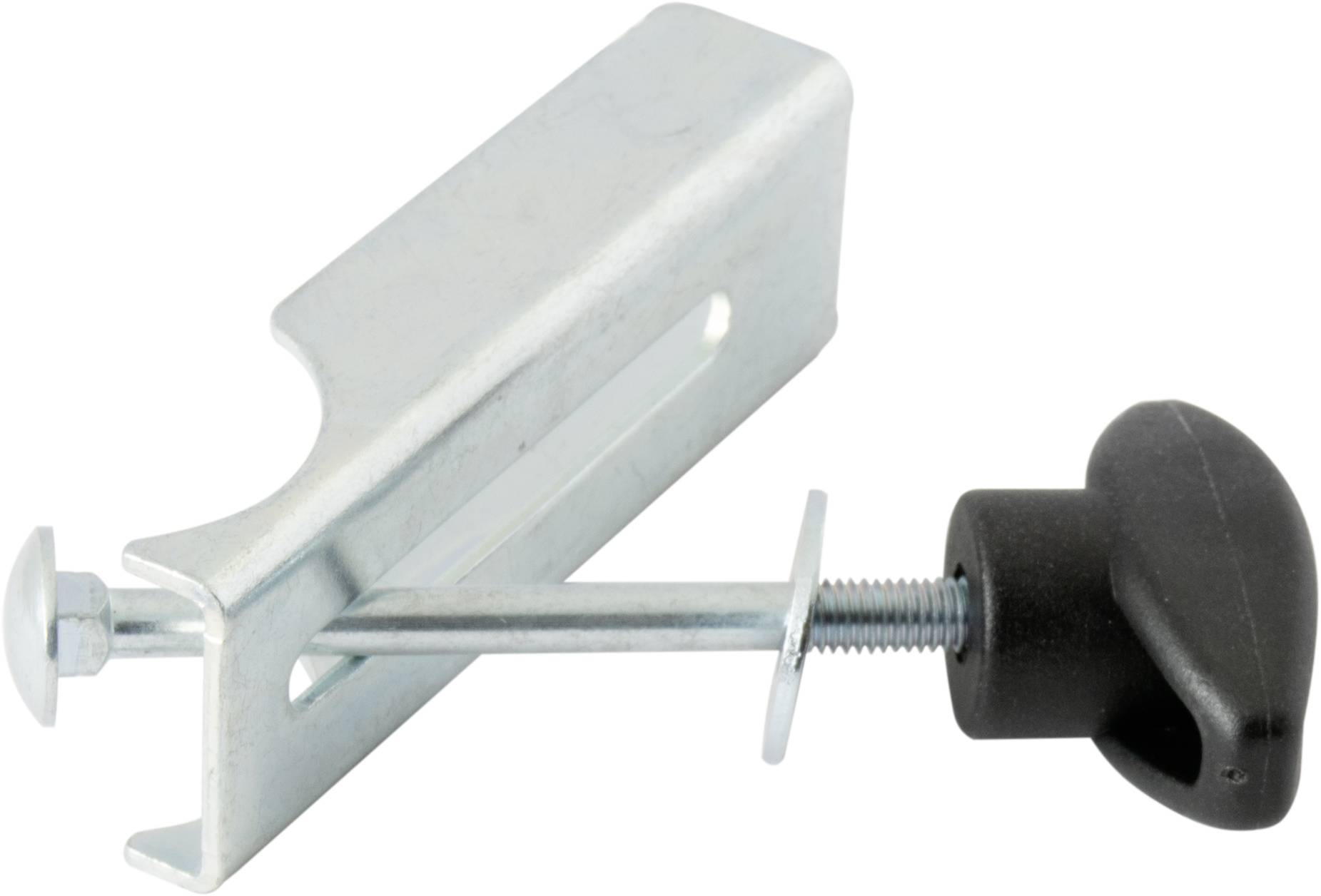 Metallklammer mit Schraube und schwarzem Griff, verwendet zum Befestigen oder Spannen von Materialien.