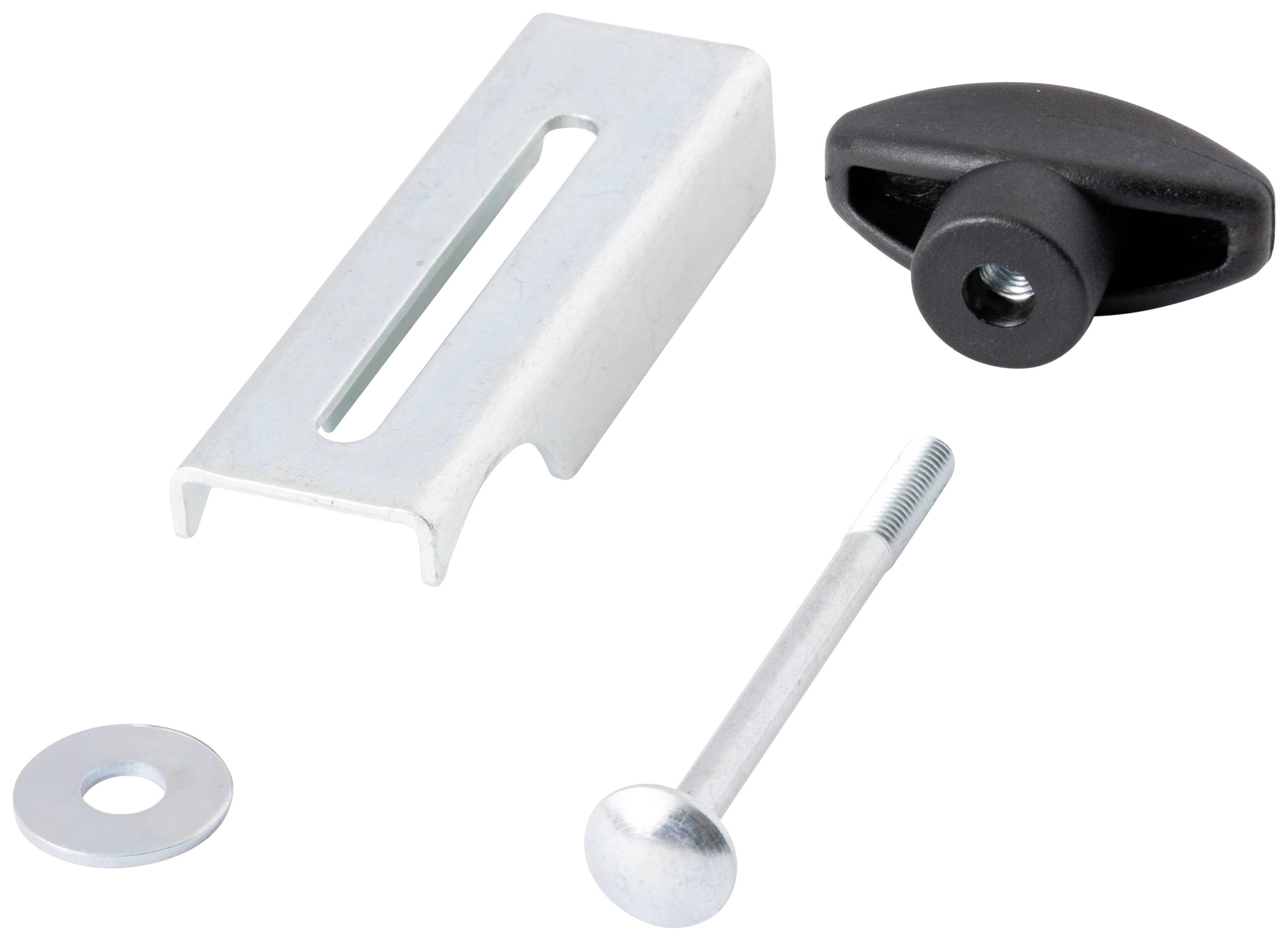 Metallschraube, Unterlegscheibe, Metallhalterung und schwarze Kunststoffschraube gezeigt; Montagezubehör für Möbel oder Geräte.