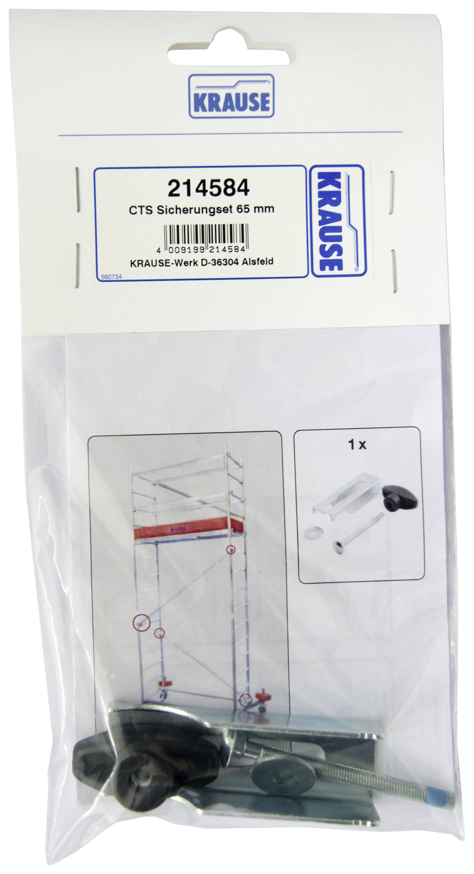 Beutel mit CTS-Sicherungsset von Krause, 65 mm, enthält Metallhaken und Sicherungsstifte. Verpackung zeigt Montageanleitung.