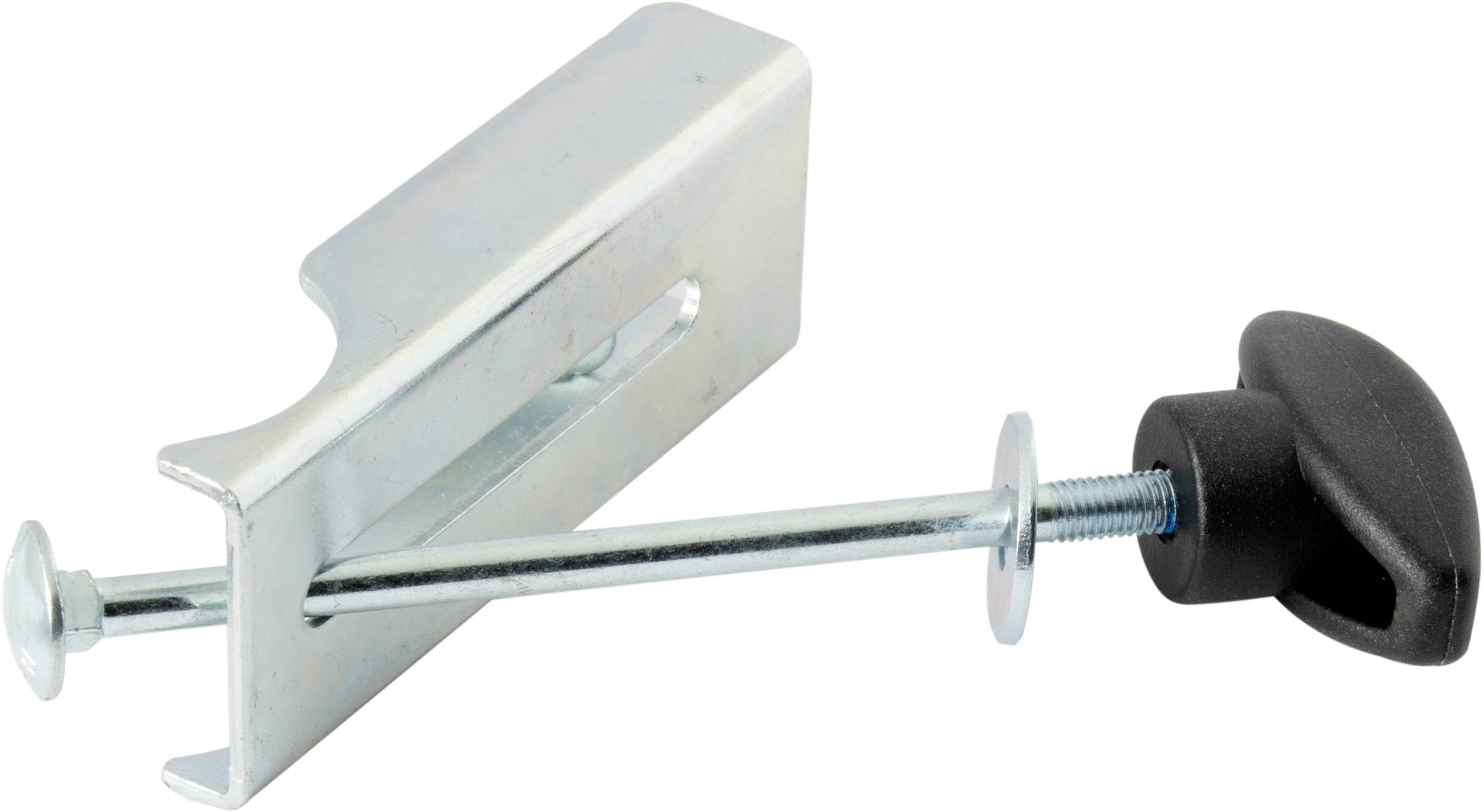 Metallischer Montagewinkel mit Schraubmechanismus und Kunststoffgriff, zur Befestigung von Gegenständen an einer Oberfläche.