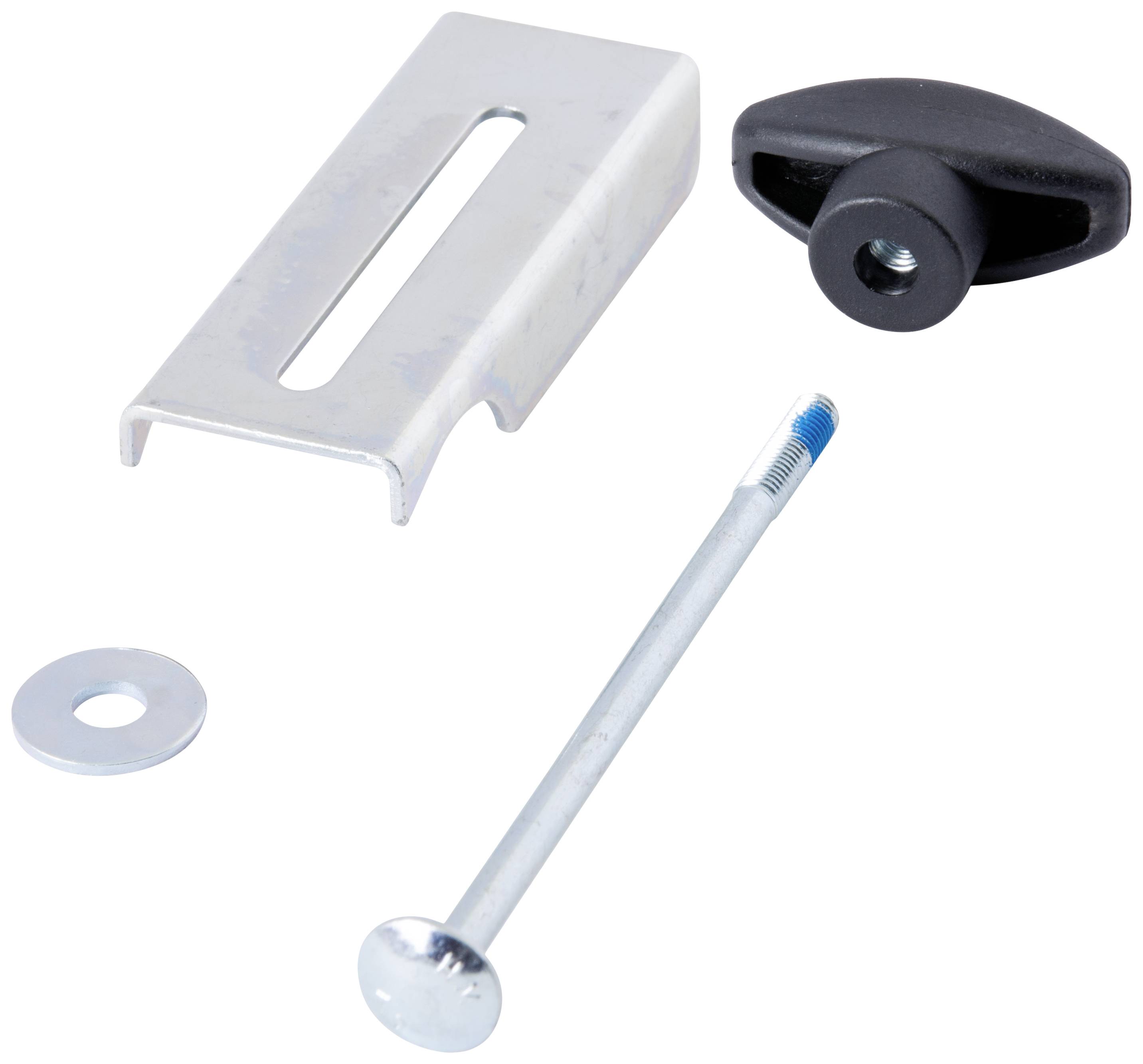 Metallwinkel, Schraube, Mutter und Unterlegscheibe auf weißem Hintergrund. Komponenten für die Montage oder Befestigung.