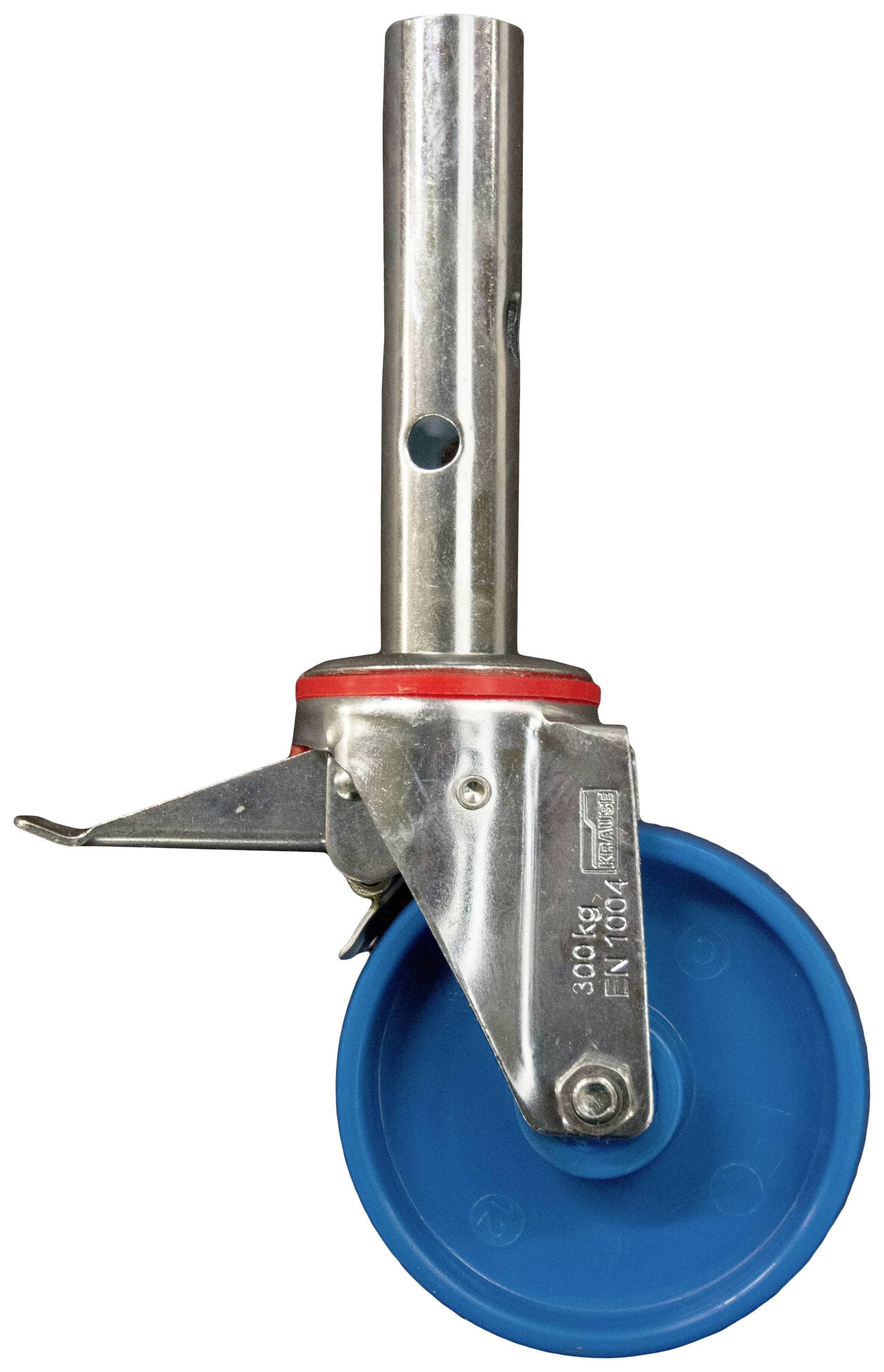 Ein einzelnes blaues Rad mit Metallgestell, das als Rolle für Möbel oder Geräte verwendet wird.