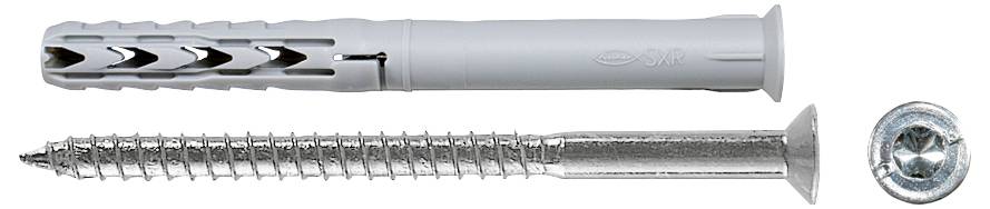 Expansionsankerstecker mit passender Schraube, dargestellt in Seitenansicht und Nahaufnahme des Schraubenkopfes.