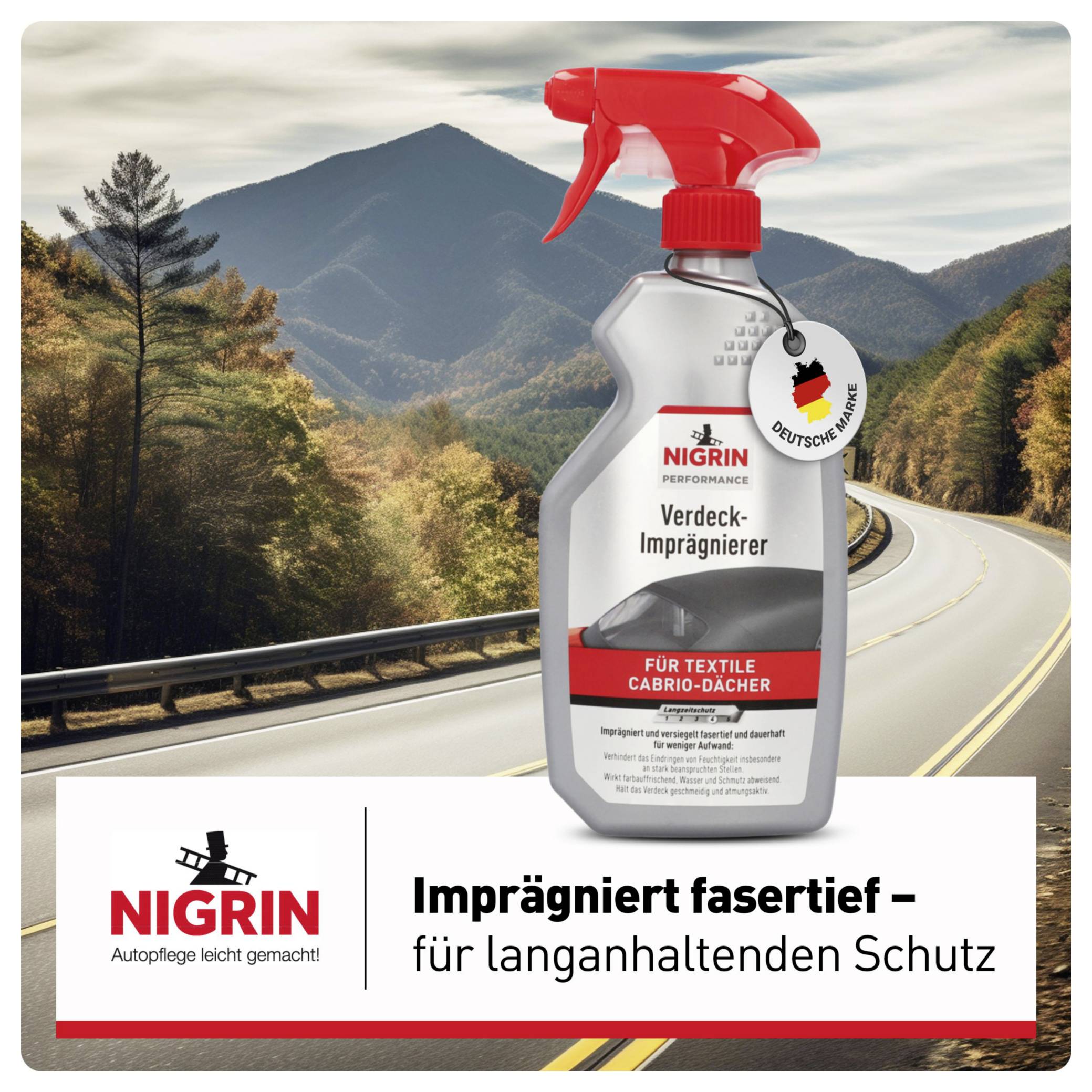 Flasche Nigrin Verdeck-Imprägnierer auf Autobild mit Berglandschaft. Text: 'Imprägniert fasertief – für langanhaltenden Schutz'.