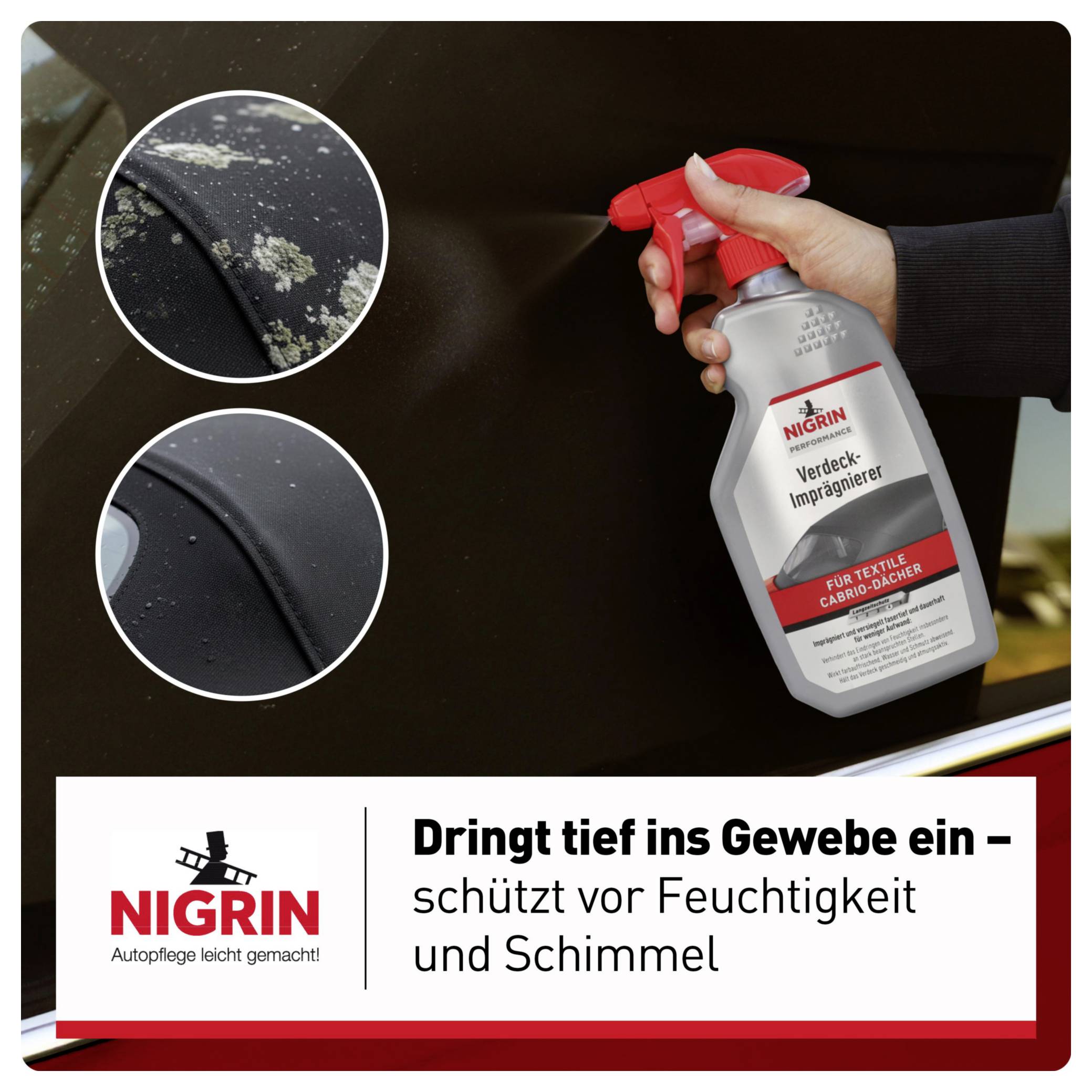 'Imprägniermittel' wird auf ein Autodach gesprüht. Bild zeigt Moos auf Auto. Text: 'Dringt tief ins Gewebe ein – schützt vor Feuchtigkeit und Schimmel'.
