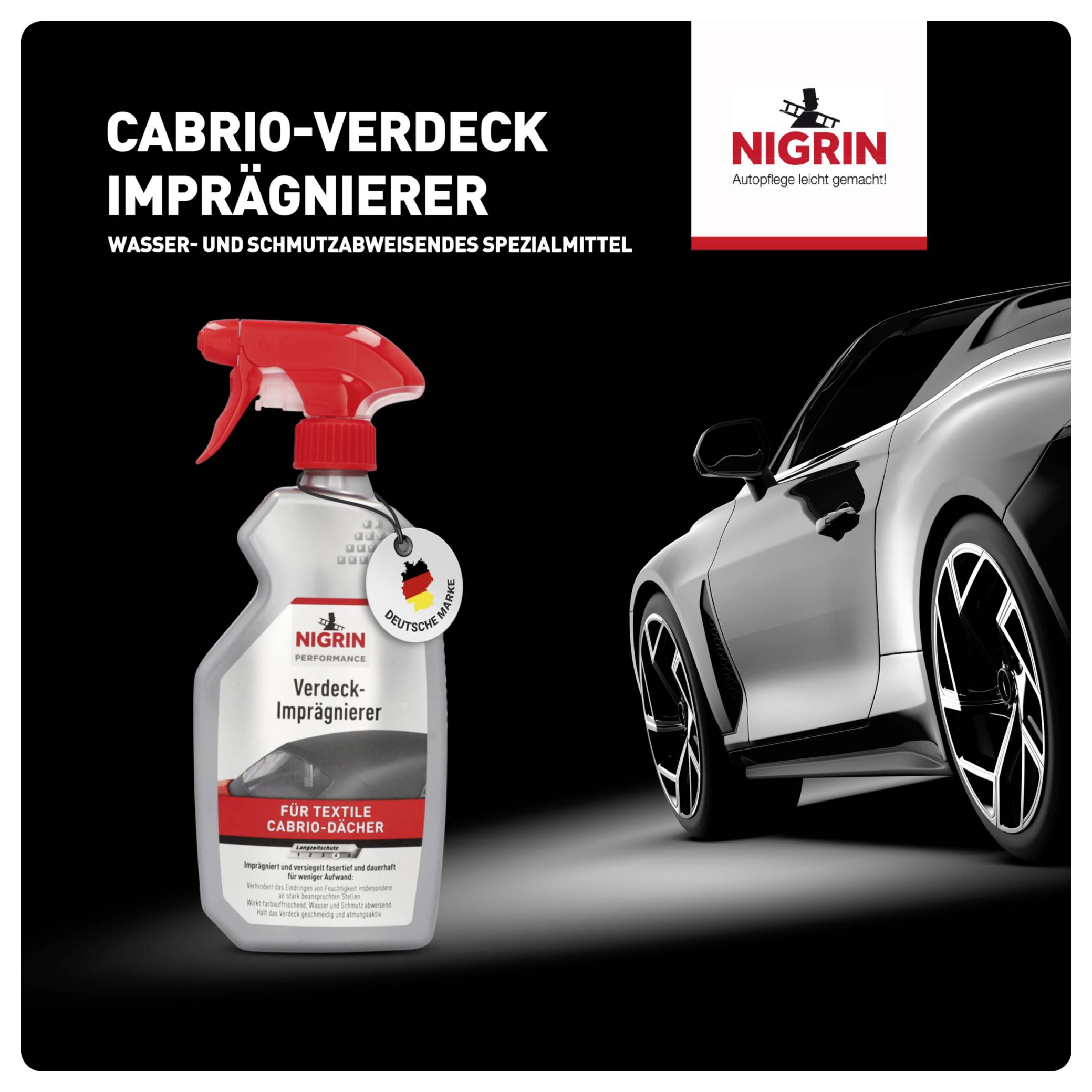 Werbung für Nigrin Cabrio-Verdeck-Imprägnierer mit Auto im Hintergrund. Produktflasche vorne links, Auto rechts.