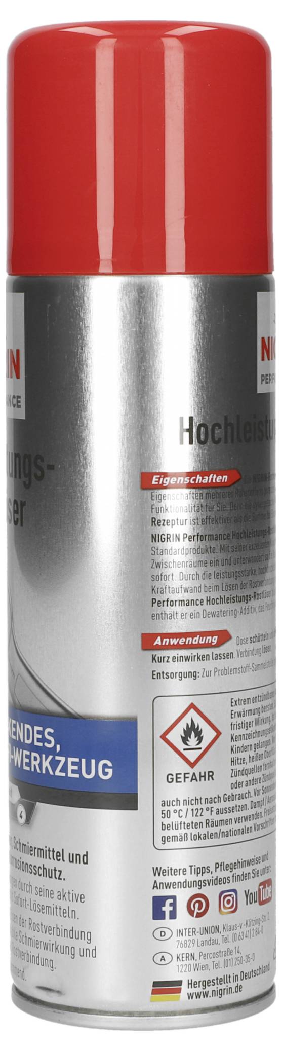 Eine hohe silberne Sprühdose mit einem roten Deckel, der deutschen Text zur Beschreibung eines Hochleistungsreinigers trägt. Enthält Gefahrensymbole und Gebrauchsanweisungen.