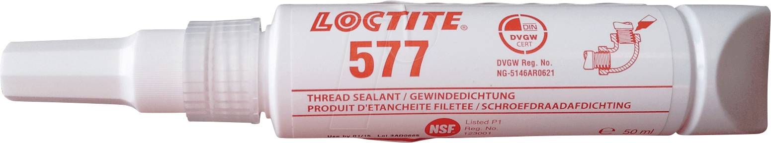 Weiße Tube Loctite 577 Gewindedichtung, roter Text und Symbole. Geeignet für metallische Gewindeverbindungen.