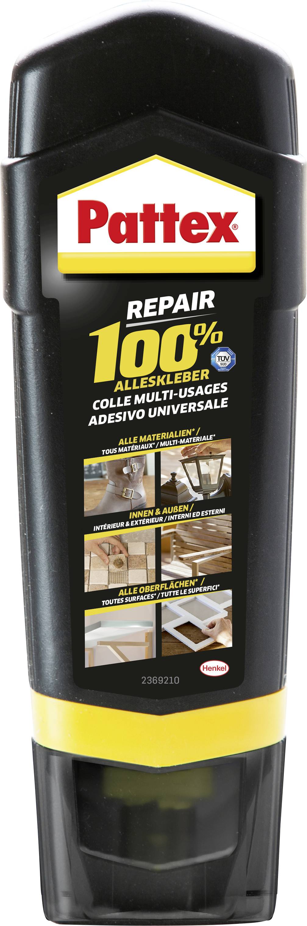 Eine schwarze Tube des Klebstoffs 'Pattex Repair 100%', die Vielseitigkeit zeigt mit Bildern von Reparaturen an Holz, Metall und Kunststoff auf dem Etikett.
