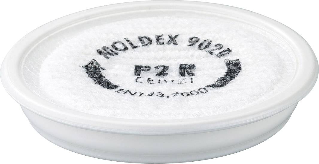 'Rundfilter mit Aufschrift Moldex 9020 P2 R EN 143:2000 CE 0121.' Einweg-Atemschutzfilter für Partikel, in weißer Kunststoffhülle.
