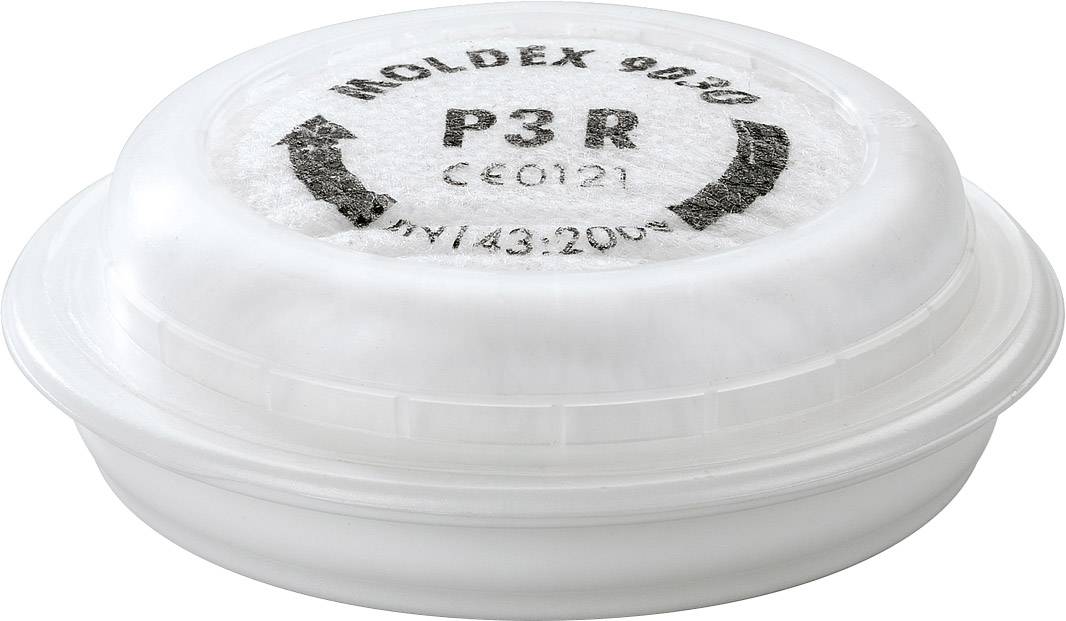 Runder Atemschutzfilter mit der Aufschrift 'Moldex 9030 P3 R CE0121 EN143:200'. Geeignet zur Filtration von Partikeln.