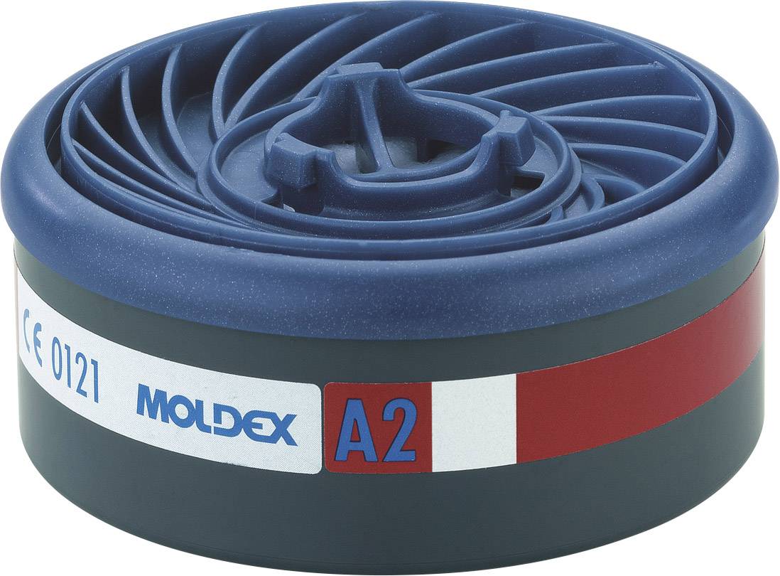 Runder, blauer Atemschutzfilter von Moldex mit der Markierung A2 für Schutz gegen organische Gase und Dämpfe.