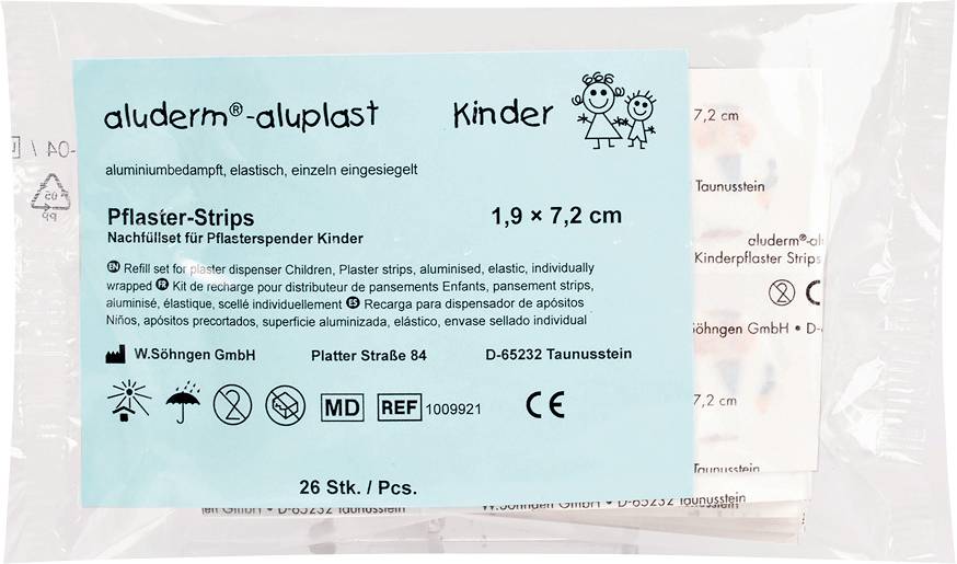 Packung von 'aluderm-aluplast Kinder' Pflasterstreifen für Fingerspitzen von Kindern, mit Größenangabe 1,9 x 7,2 cm, 26 Stück pro Packung.