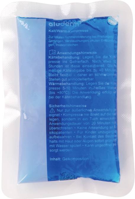 Ein blauer Gel-Kühl-/Wärmekompresse in einer transparenten Plastiktasche, mit verwischtem Textanweisungen und Sicherheitswarnungen auf ihrer Oberfläche.