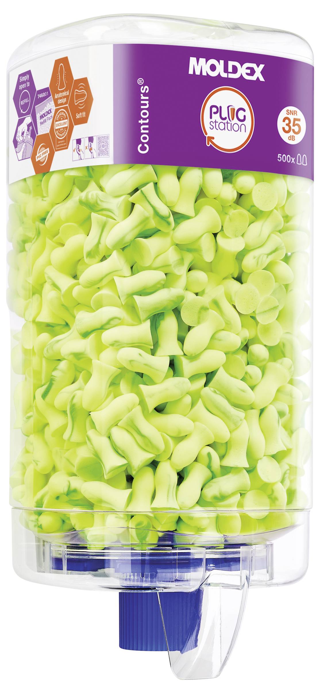 „Ohrstöpsel-Spender gefüllt mit gelben Ohrstöpseln. Das Moldex-Logo und der Text „Contour