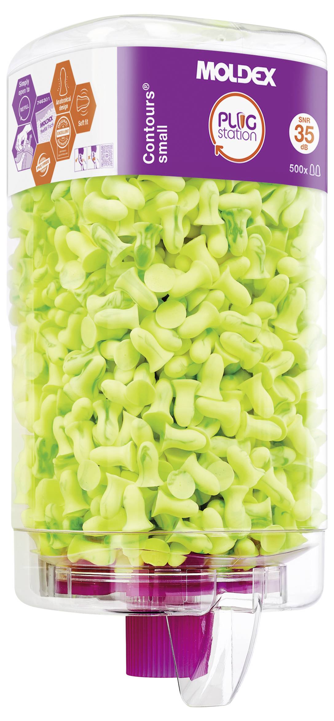 'Moldex PlugStation' Ohrstöpsel-Spender gefüllt mit fluoreszierend gelbgrünen Schaumstoff-Ohrstöpseln, gekennzeichnet mit 'Contours small' und '500 Paar'.