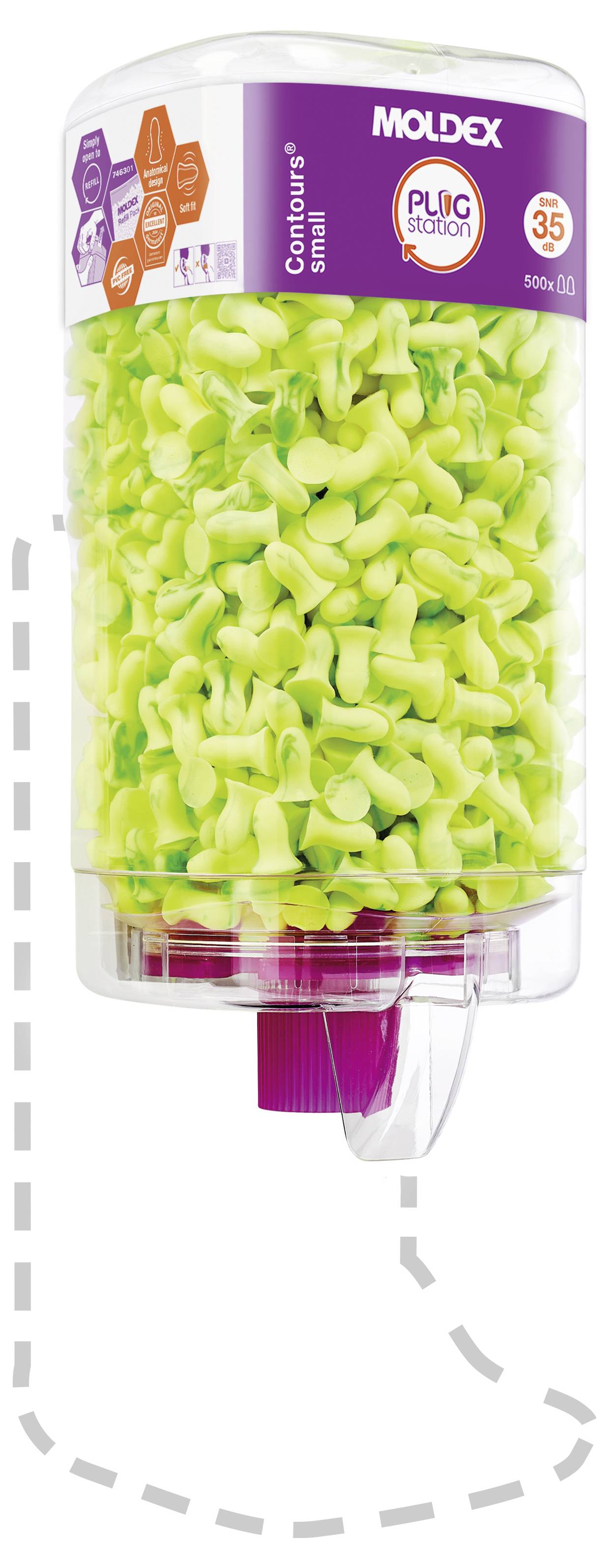 Spender gefüllt mit grünen Ohrstöpseln mit der Bezeichnung „Moldex Plug Station 500 Paare, 35 dB