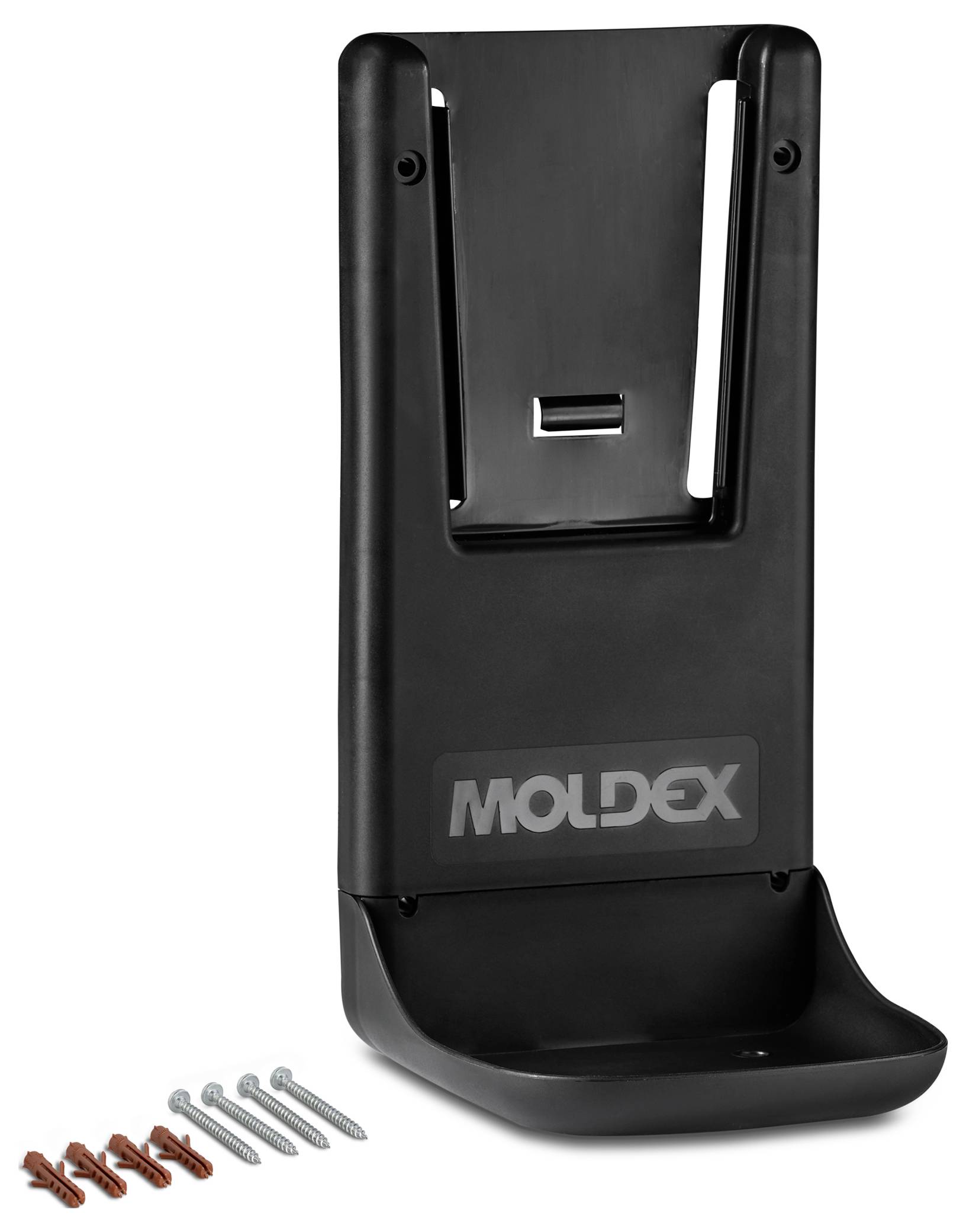Schwarzer wandmontierter Behälter mit dem auf der Vorderseite eingepressten Markennamen „Moldex