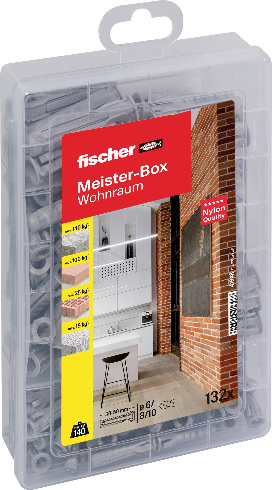 Eine Kunststoffbox mit dem Label 'fischer Meister-Box Wohnraum'. Enthält 132 Dübel für unterschiedliche Traglasten sowie Schrauben.