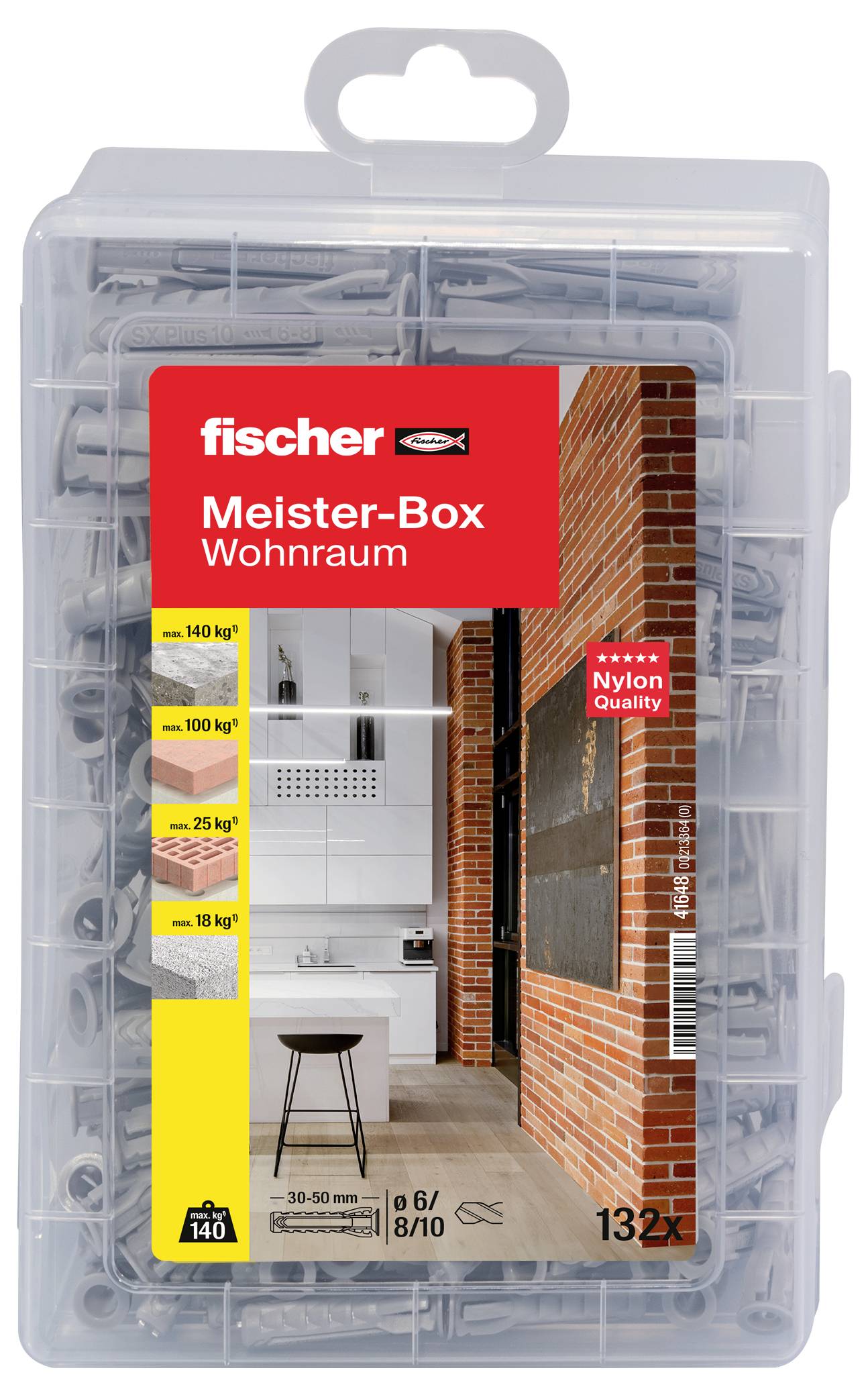 Plastikbox von Fischer für 132 Dübel, geeignet für Wohnräume. Enthält Dübelgrößen von 6 bis 10 mm, Nylon-Qualität, max. Last bis 140 kg.