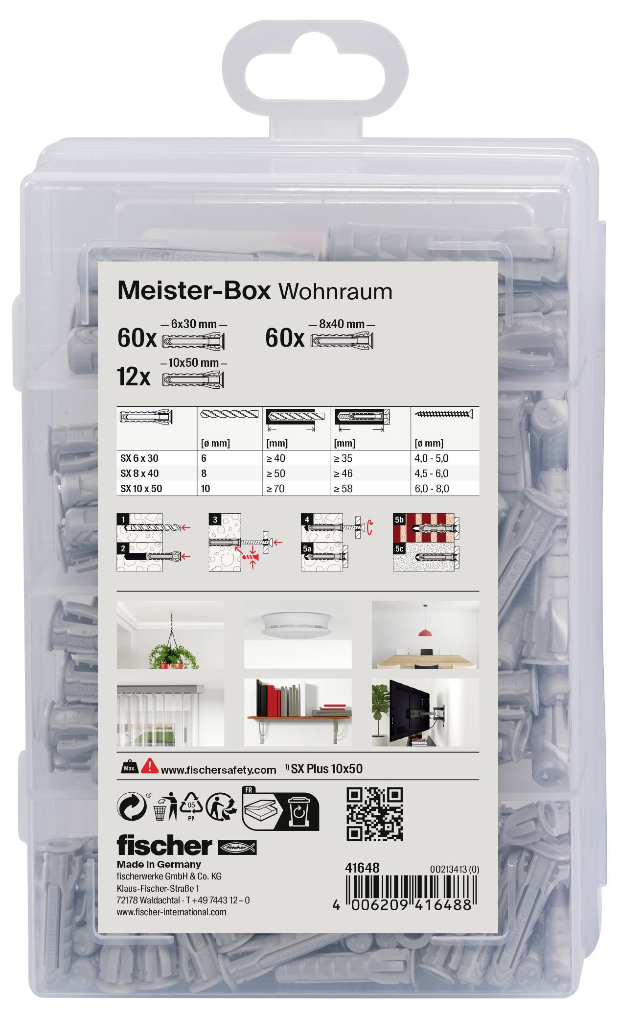 Meister-Box Wohnraum mit 60 Dübeln (Ø 6x30 mm) und 60 Schrauben (3,5x38 mm), inklusive Montageanleitung und Verwendungsbeispiele.