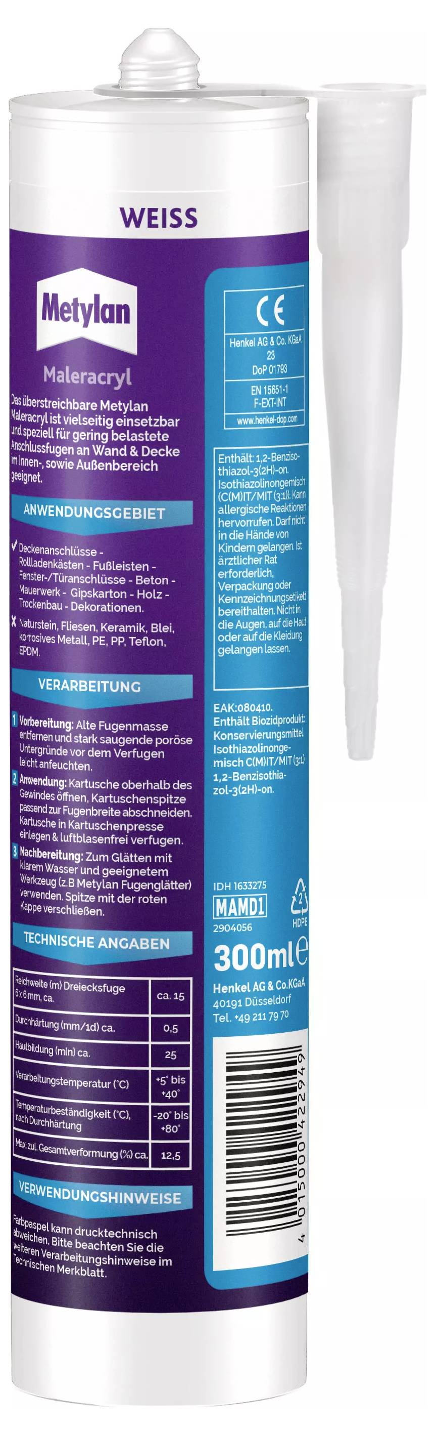 Kartusche mit Maleracryl 'Metylan', Farbe 'Weiß', 300 ml. Enthält Informationen zu Anwendung, Verarbeitung und technischen Daten.