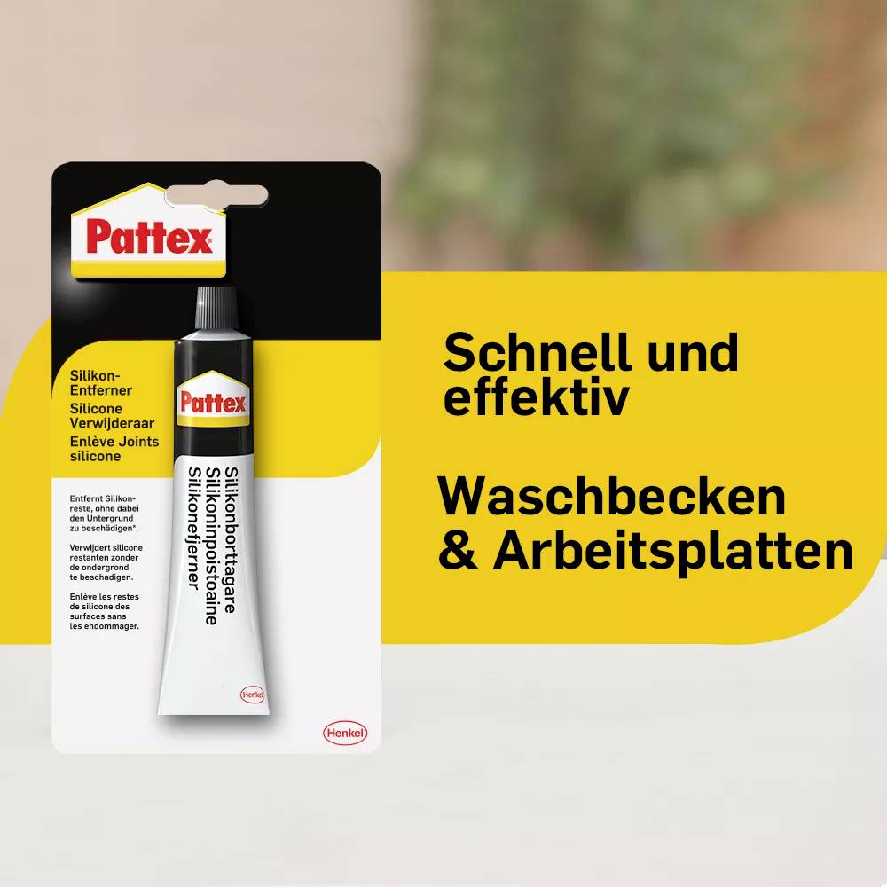 'Pattex' Silikonentferner in Verpackung, beworben als effektiv für Waschbecken und Arbeitsplatten. Verpackung zeigt Produktdetails.