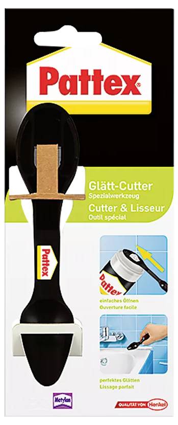 Verpackung eines Glätt-Cutters von Pattex. Zeigt Werkzeug zur perfekten Versiegelung. Enthält Bilder zur Anwendung auf Fliesen.