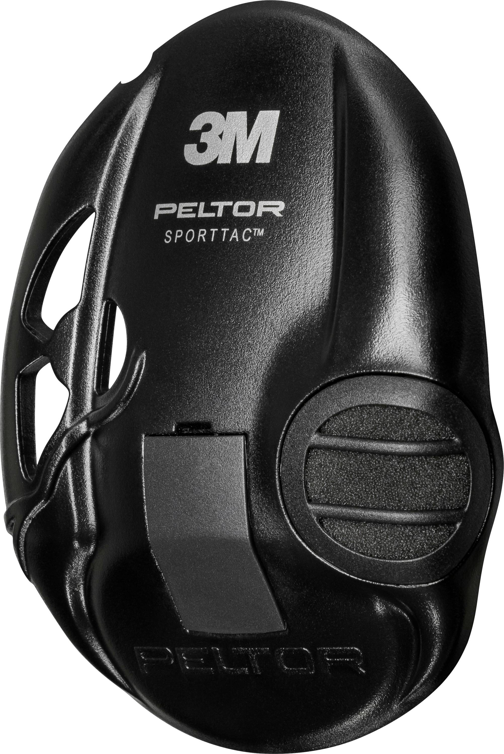 Schwarze 3M Peltor SportTac Gehörschützer auf weißem Hintergrund, die das Seitenprofil und die Markenbezeichnung zeigen.