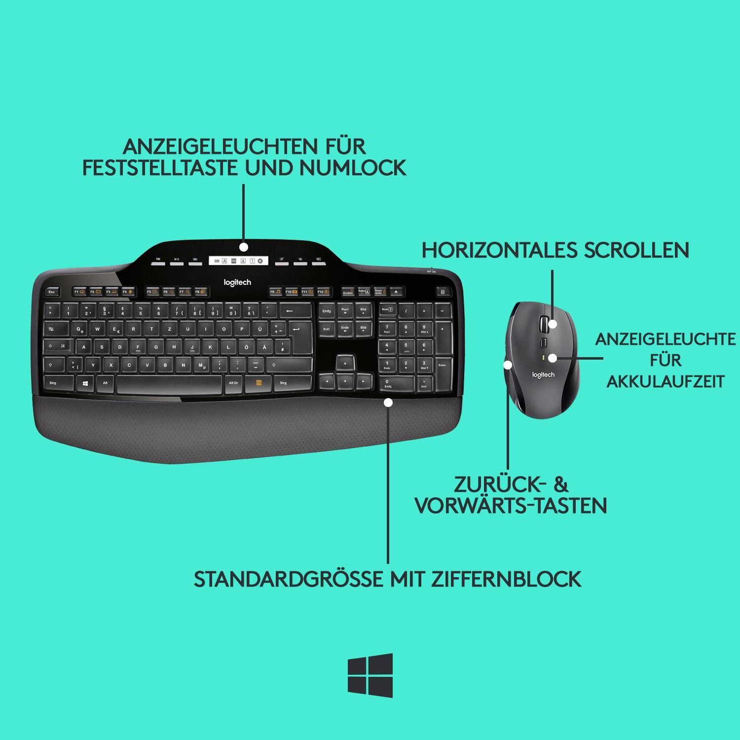 Logitech MK710 Wireless Desktop Funk Tastatur, Maus-Set Spritzwassergeschützt, Display Deutsch, QWERTZ Schwarz