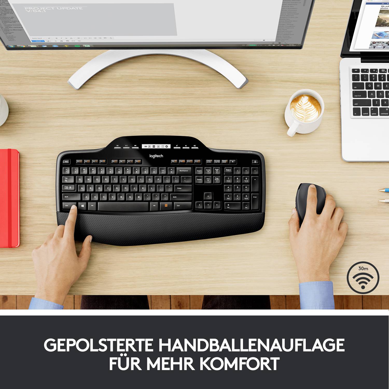 Logitech MK710 Wireless Desktop Funk Tastatur, Maus-Set Spritzwassergeschützt, Display Deutsch, QWERTZ Schwarz