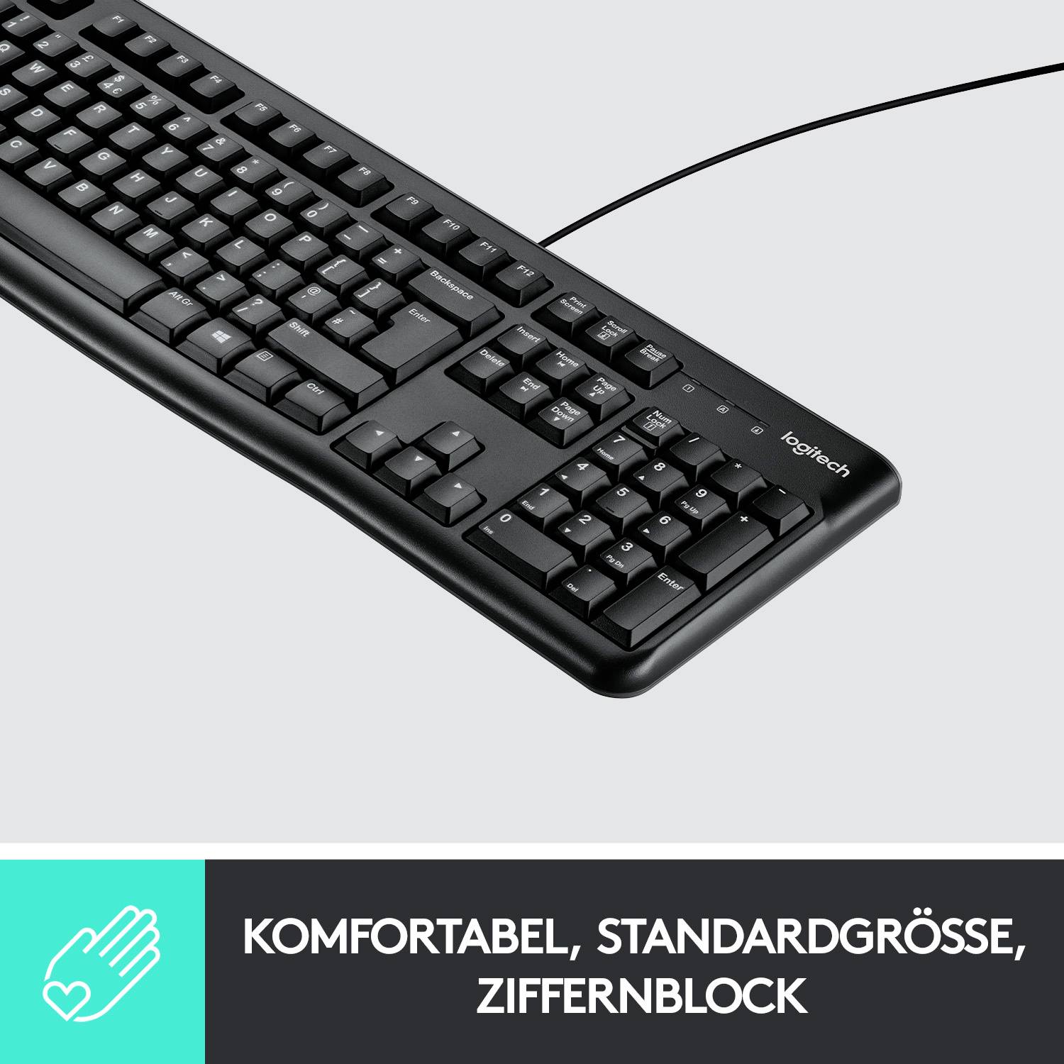 Logitech K120 Keyboard Kabelgebunden, USB Tastatur Deutsch, QWERTZ Schwarz Spritzwassergeschützt