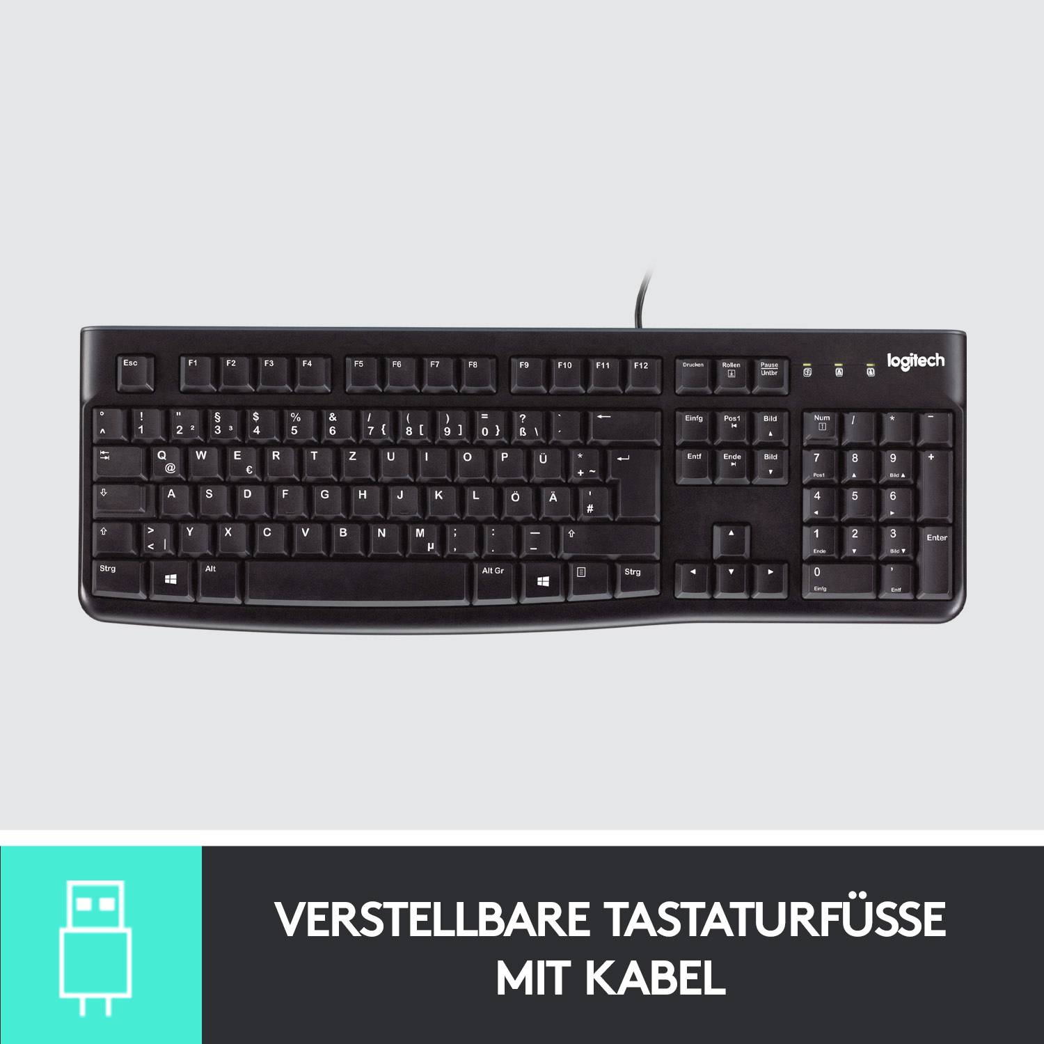 Logitech K120 Keyboard Kabelgebunden, USB Tastatur Deutsch, QWERTZ Schwarz Spritzwassergeschützt