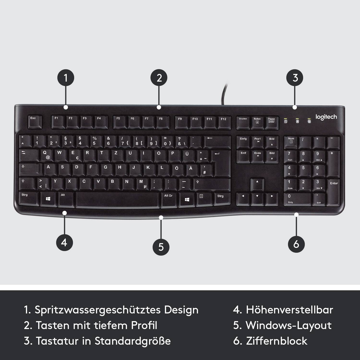 Logitech K120 Keyboard Kabelgebunden, USB Tastatur Deutsch, QWERTZ Schwarz Spritzwassergeschützt