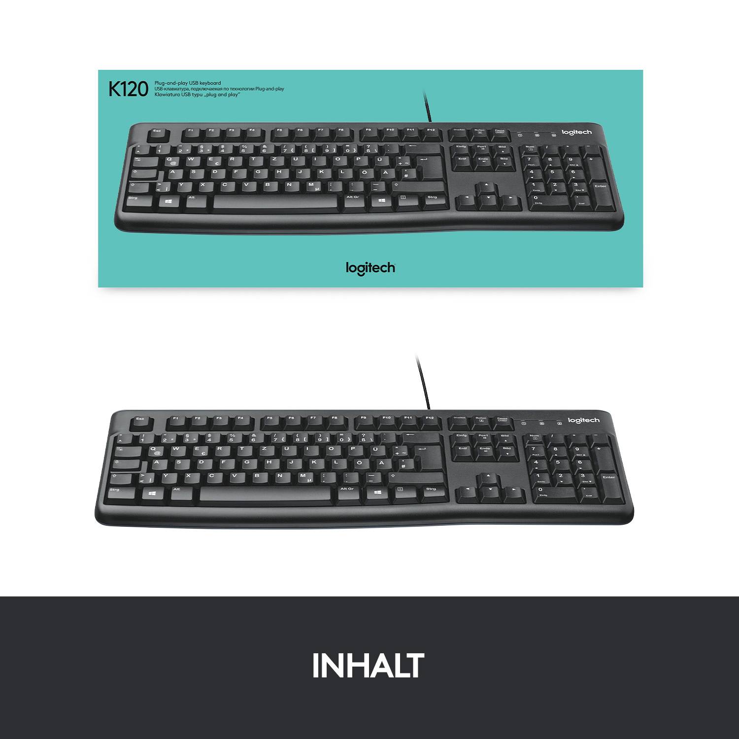 Logitech K120 Keyboard Kabelgebunden, USB Tastatur Deutsch, QWERTZ Schwarz Spritzwassergeschützt