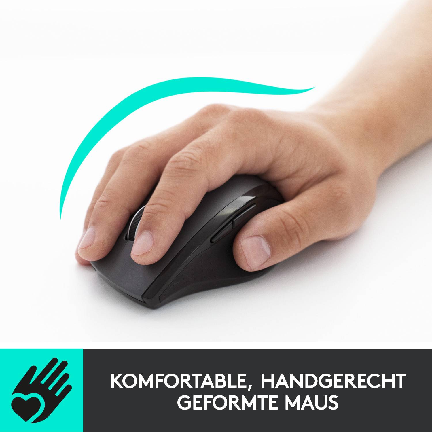 Hand hält ergonomische Maus, betont Komfort. Text: 'Komfortable, handgerecht geformte Maus'.