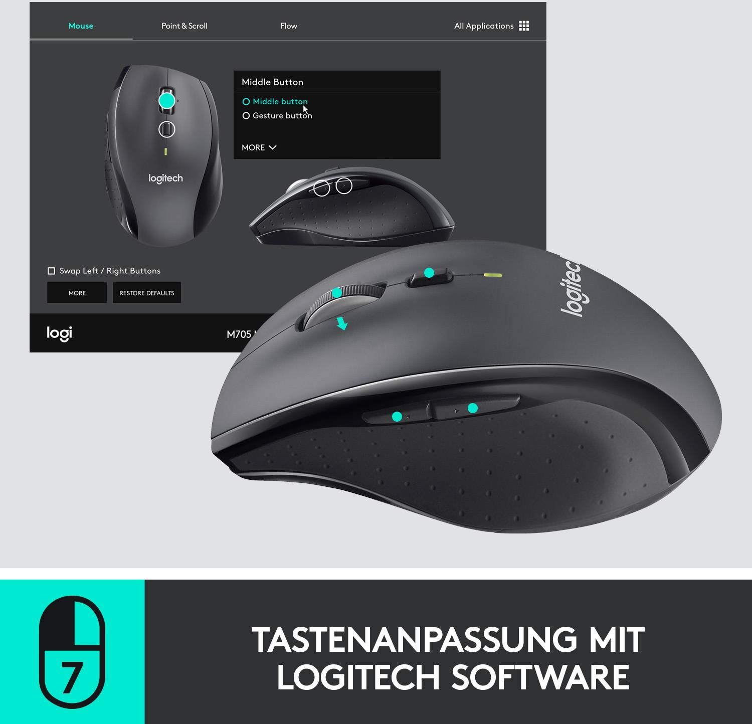 Tastenanpassung der Logitech-Maus mithilfe der Logitech-Software, zeigt die Konfiguration des mittleren, oberen und Gestentaste.