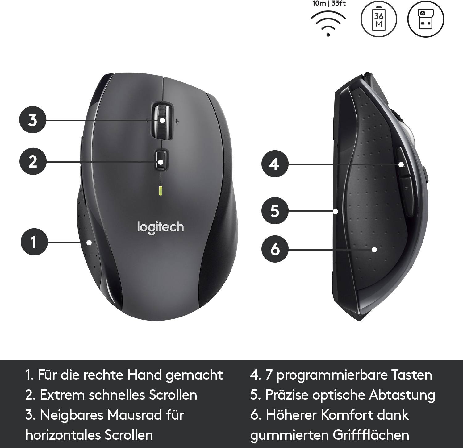 Eine ergonomische Maus mit 6 Tasten und neigbarem Scrollrad, entworfen für die rechte Hand. Funktionen umfassen schnelles Scrollen und präzise Abtastung.
