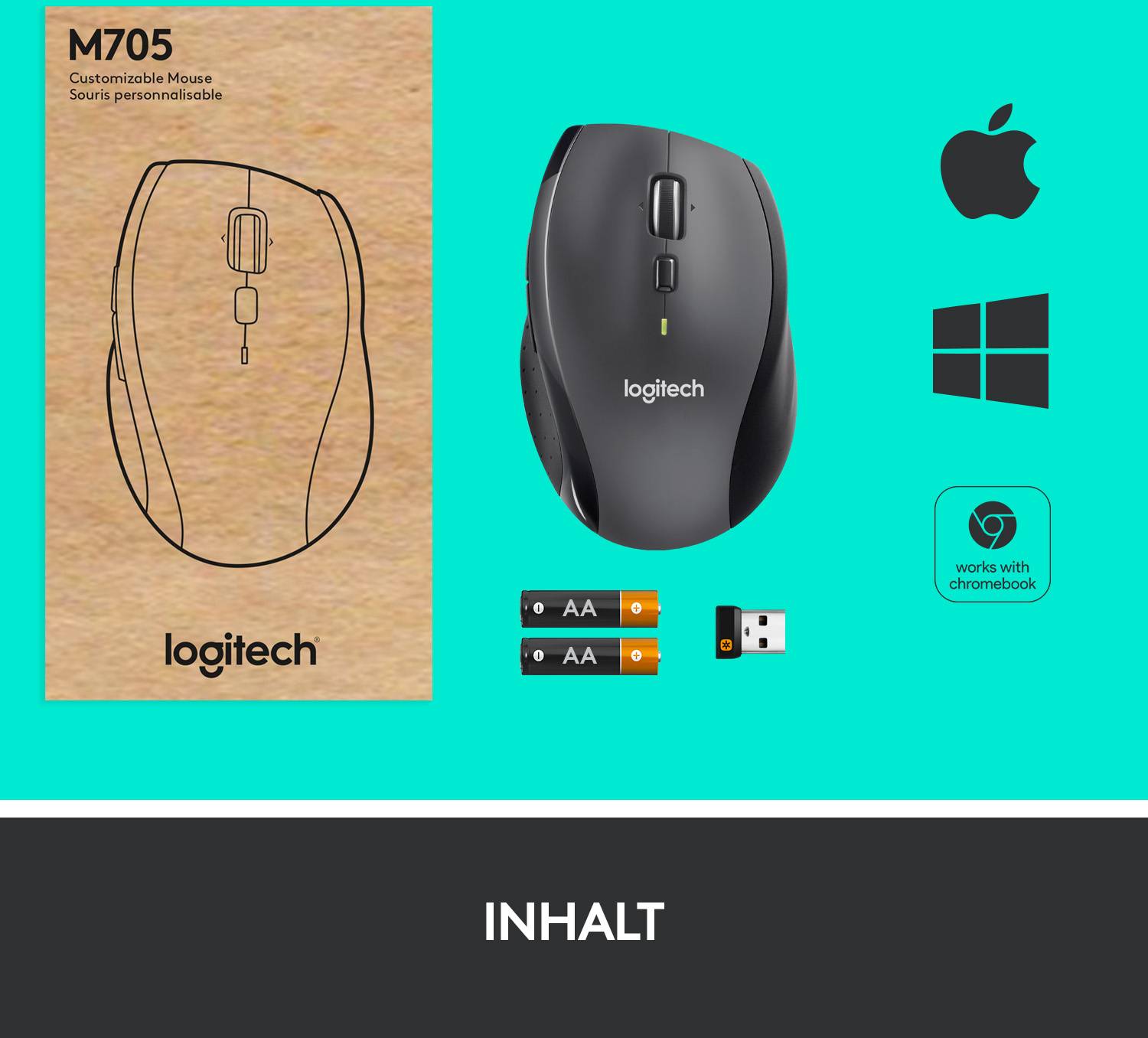 'Logitech M705 Maus' und Verpackung auf blauem Hintergrund, mit 'Apple', 'Windows' und 'Chromebook' Logos. Enthalten sind Batterien und USB-Empfänger.