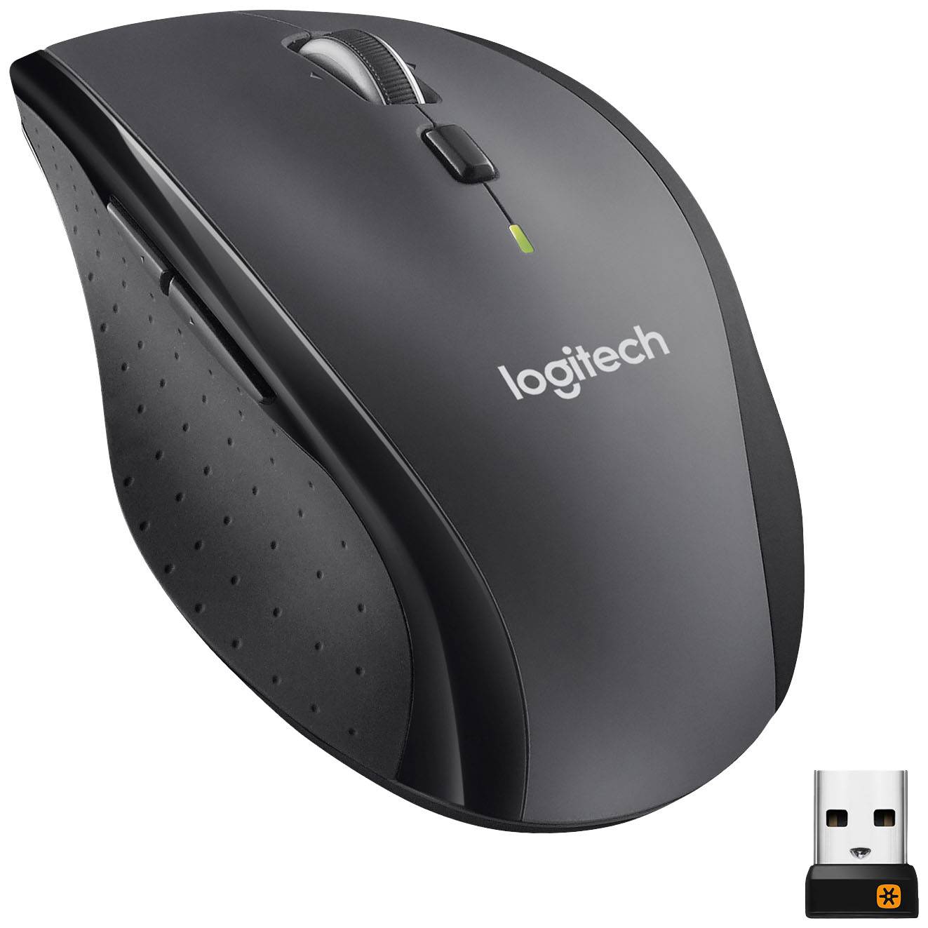 Drahtlose Logitech-Maus in Schwarz, ergonomisches Design, mit Scrollrad und USB-Empfänger. Ideal für komfortables Arbeiten am PC.