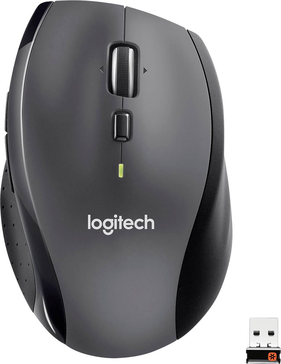 Eine schwarze kabellose Computermaus mit Scrollrad, Logotext 'Logitech' und einem USB-Empfänger daneben.