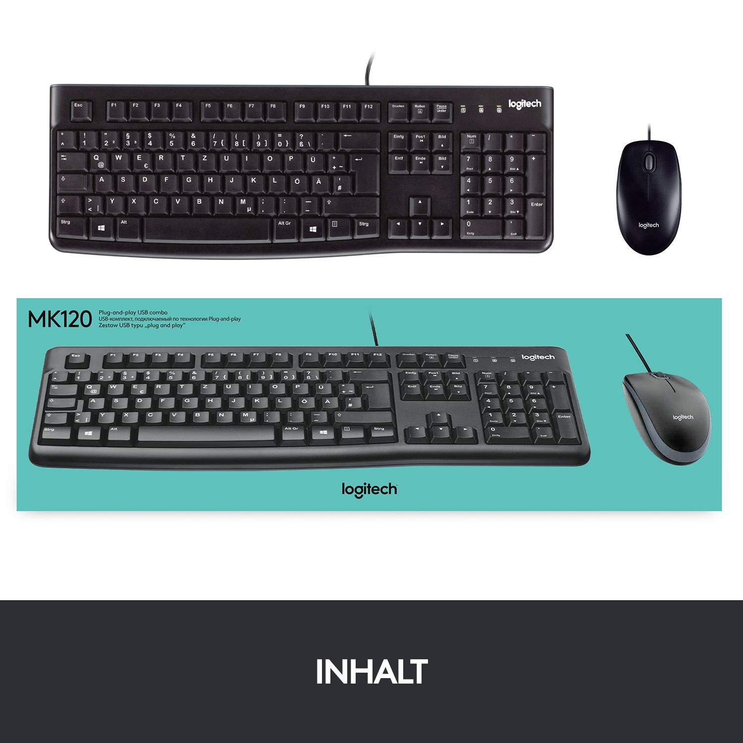 Logitech MK120 Desktop USB Tastatur, Maus-Set Spritzwassergeschützt Deutsch, QWERTZ Schwarz