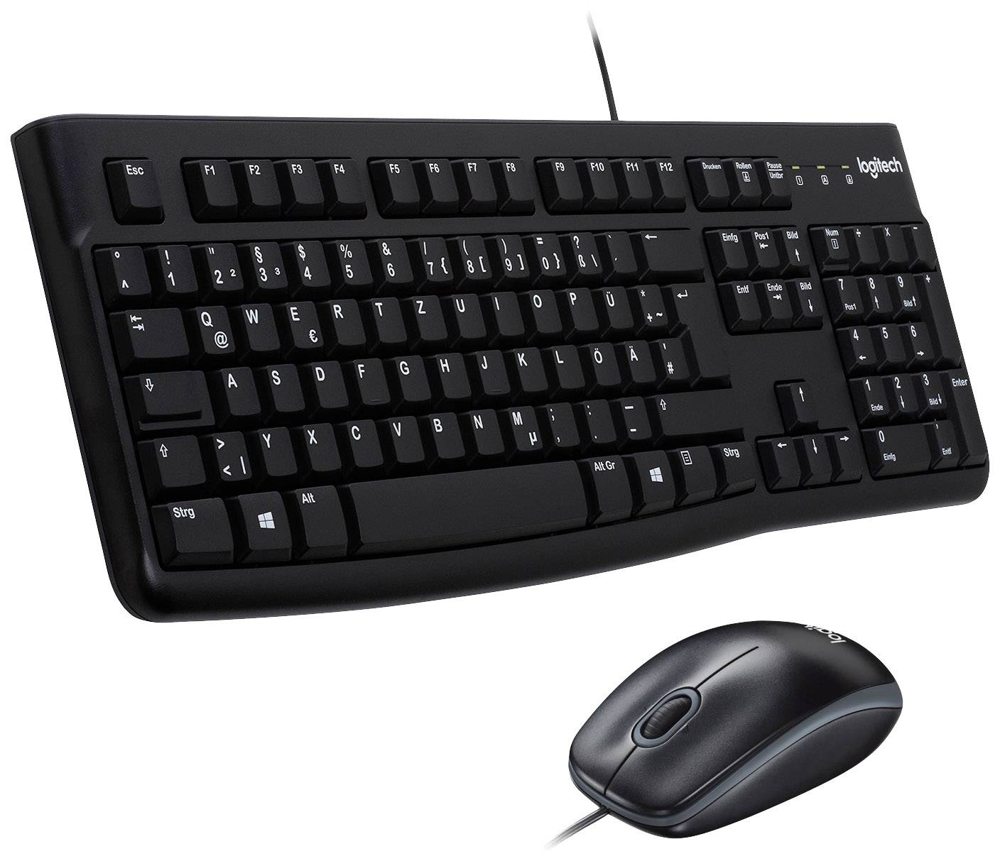 Schwarze kabelgebundene Tastatur und Maus-Set. Die Tastatur hat ein traditionelles Layout mit Funktionstasten. Ideal für Büroarbeit.