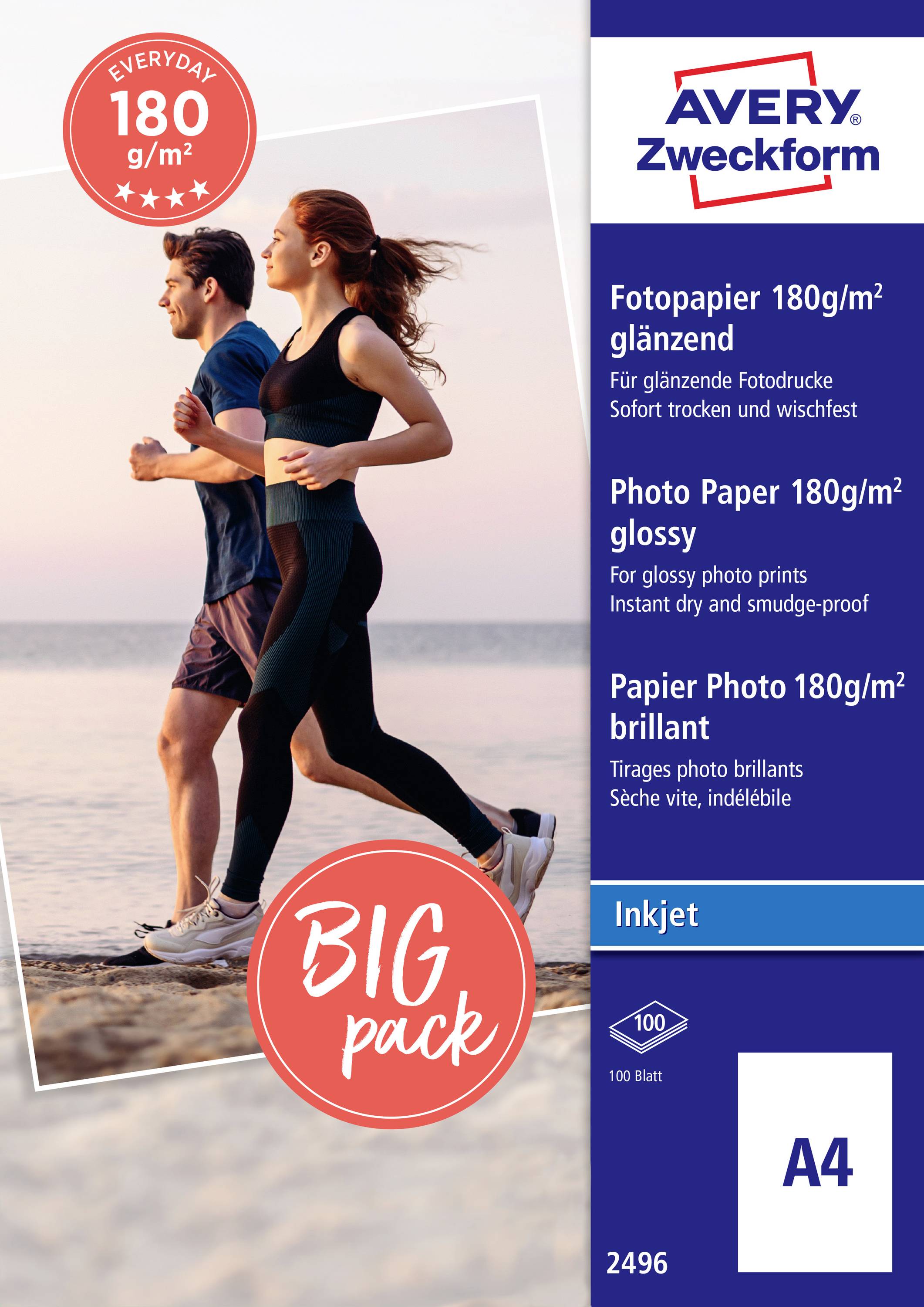 Avery Zweckform A4-Fotopapier-Paket, 180 g/m² glänzendes Tintenstrahldrucker-Papier, 100 Blatt, gezeigt mit Läufern am Strand.