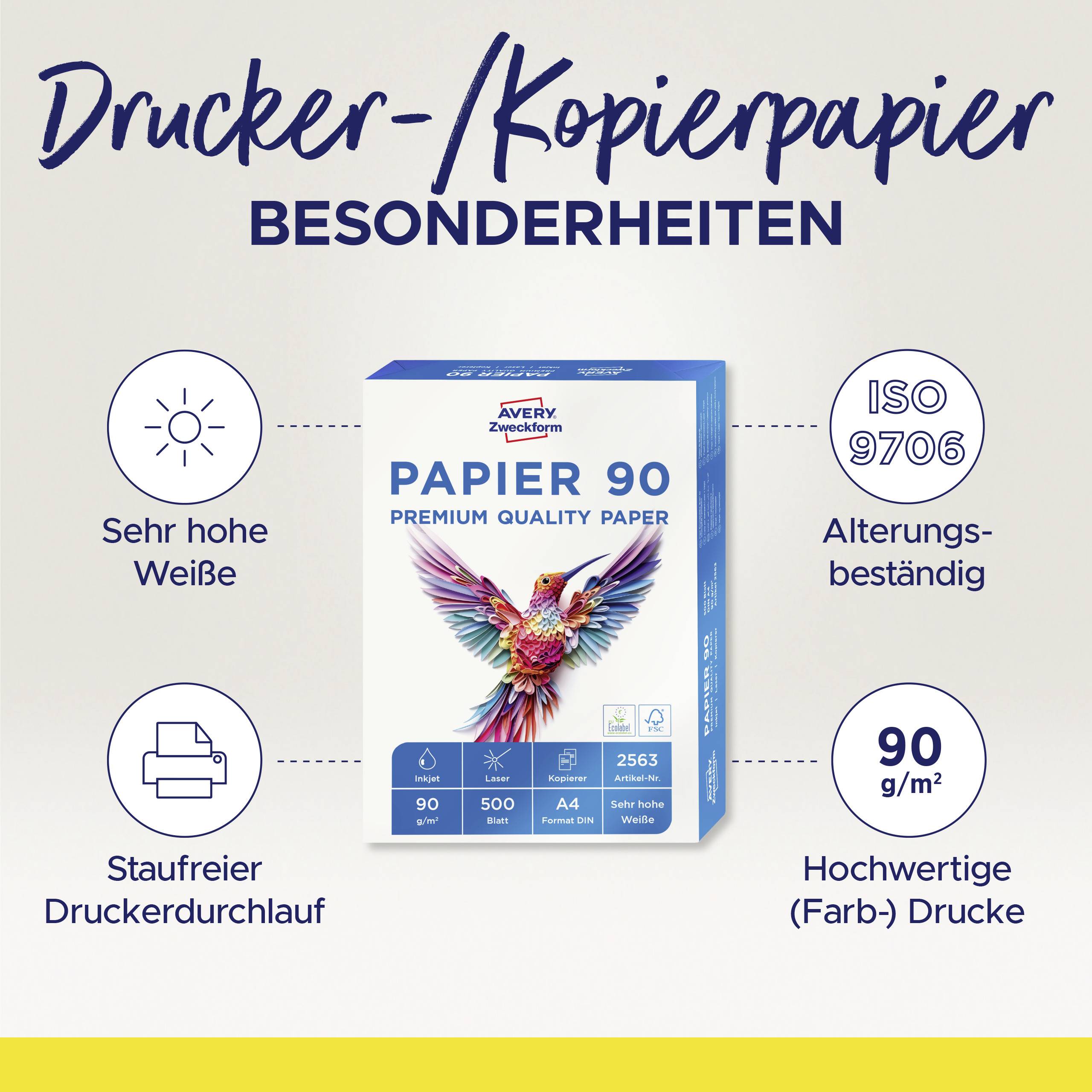 Avery-Zweckform PAPIER 90 Premium Quality Paper 2563 Universal Druckerpapier Kopierpapier DIN A4 90 g/m² 500 Blatt Weiß