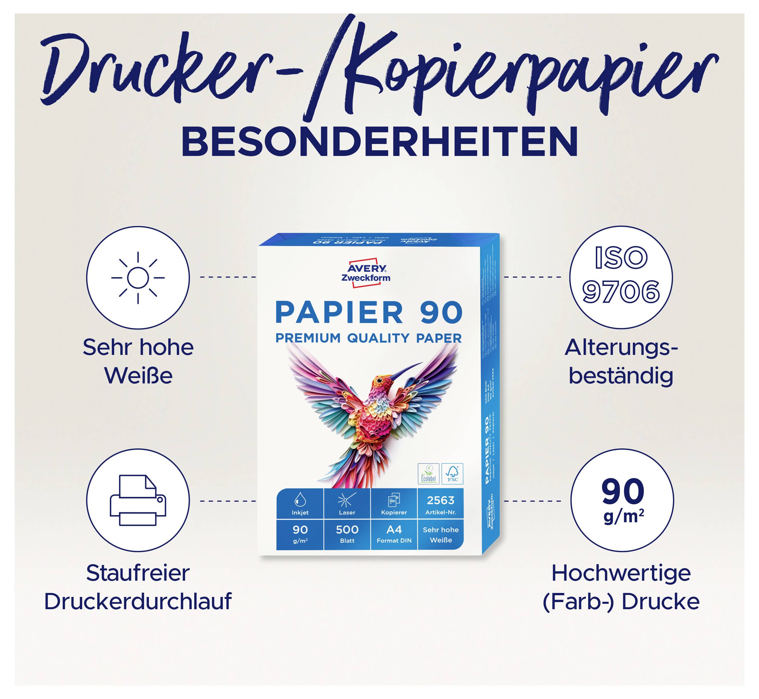 Avery-Zweckform PAPIER 90 Premium Quality Paper 2563 Universal Druckerpapier Kopierpapier DIN A4 90 g/m² 500 Blatt Weiß