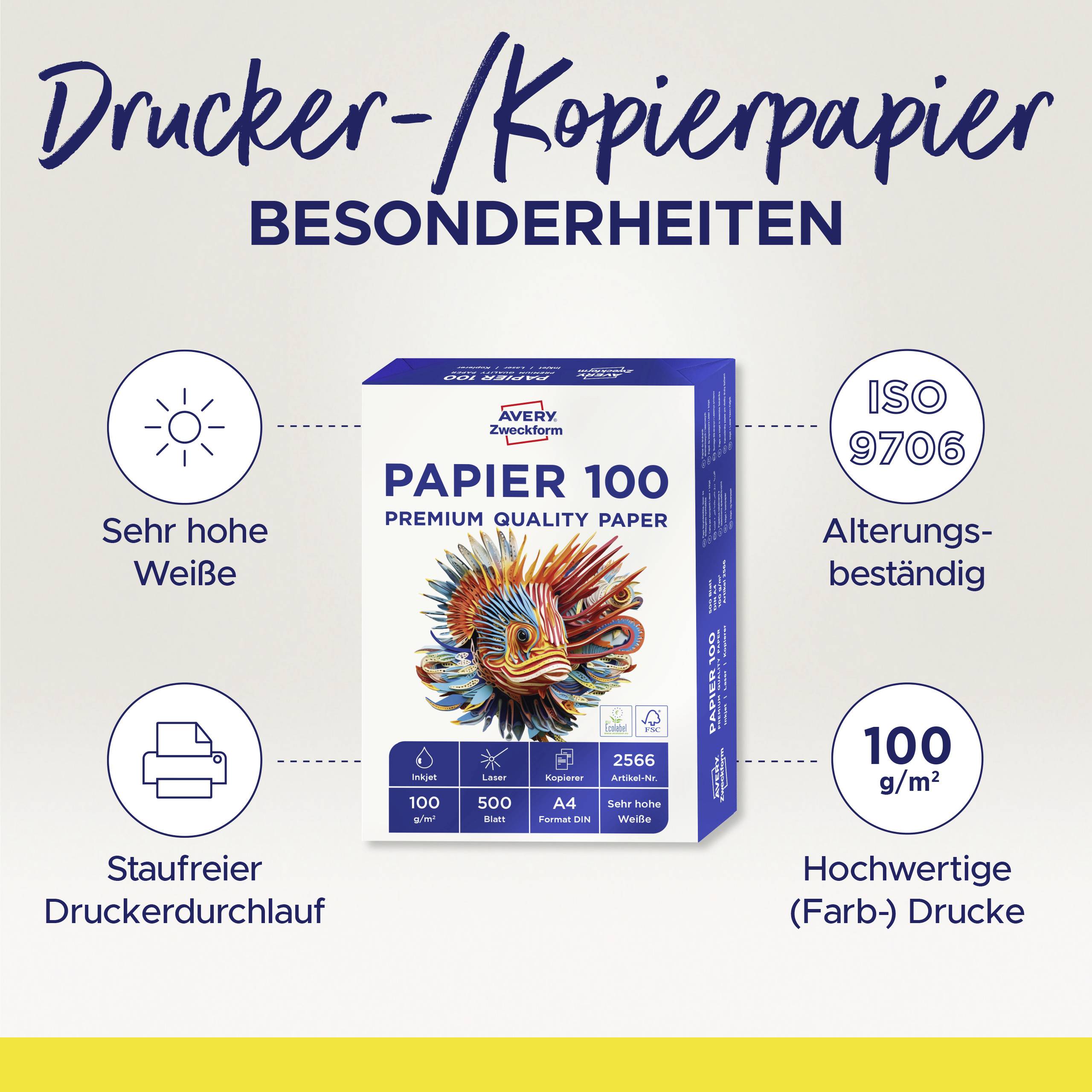 Avery-Zweckform PAPIER 100 Premium Quality Paper 2566 Universal Druckerpapier Kopierpapier DIN A4 100 g/m² 500 Blatt Hochweiß